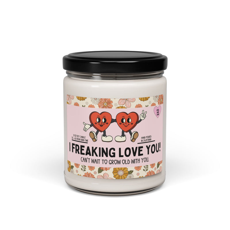 Cute Retro Heart 9 Oz Soy Candle with Flowers: I Freaking Love You! | Sweet Nineties Aesthetic Candle for Wife or Partner, Funny Valentines - Opal and June