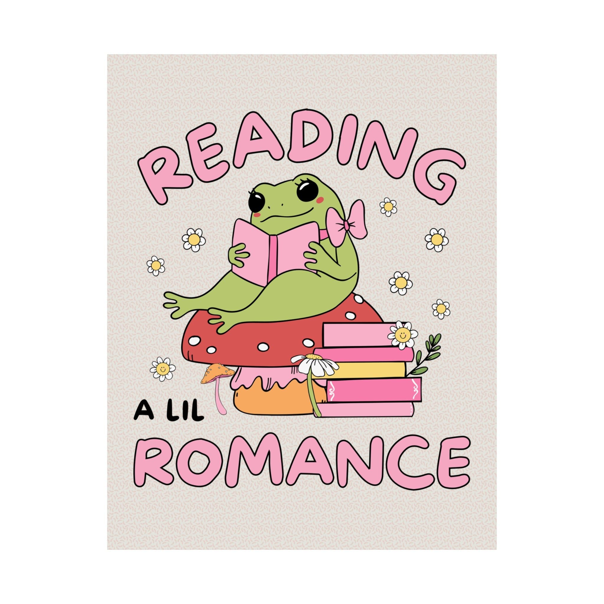 Cute Romance Reader Poster, Adorable Y2K Aesthetic Doodle Frog Sitting on a Mushroom, Colorful Maximalist Decor for Library, Bookworm Gift - Opal and June