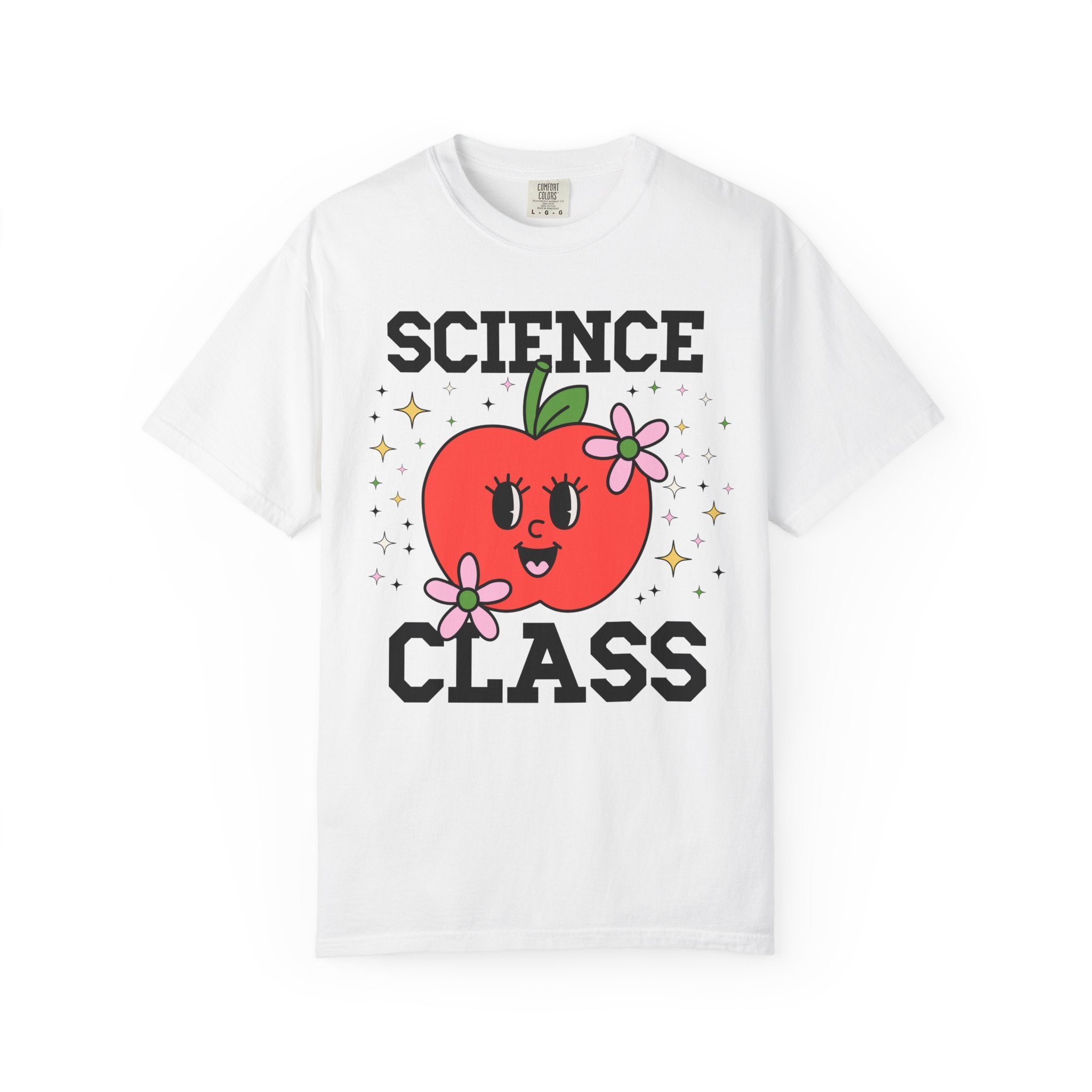 Cute Science Teacher Tee Shirt with Adorable Retro Apple with Flowers, Silly Teacher Team T-Shirt, Back to School or Meet the Teacher Night - Opal and June