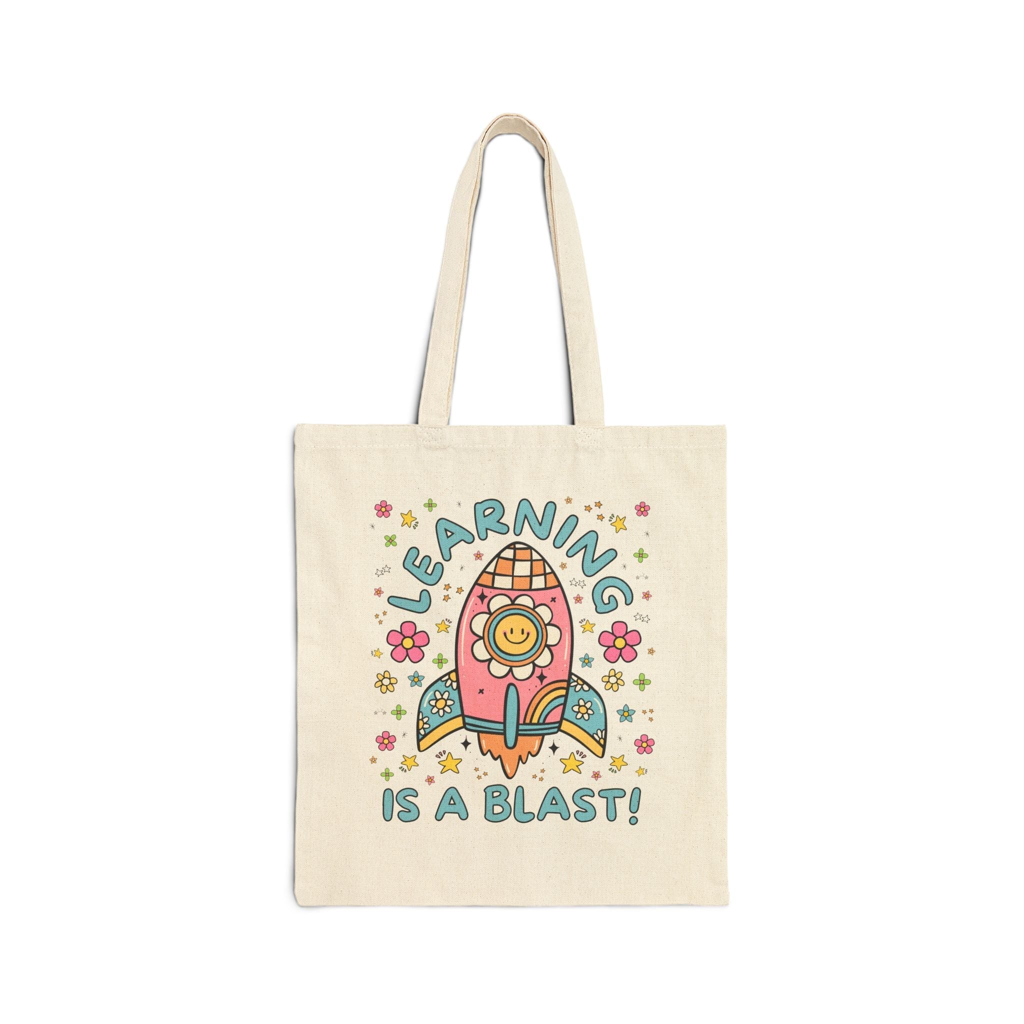 Cute Science Teacher Tote Bag with Retro Flowers in Outer Space: Learning is a Blast! Trendy Back To School Elementary School Teacher Gift - Opal and June