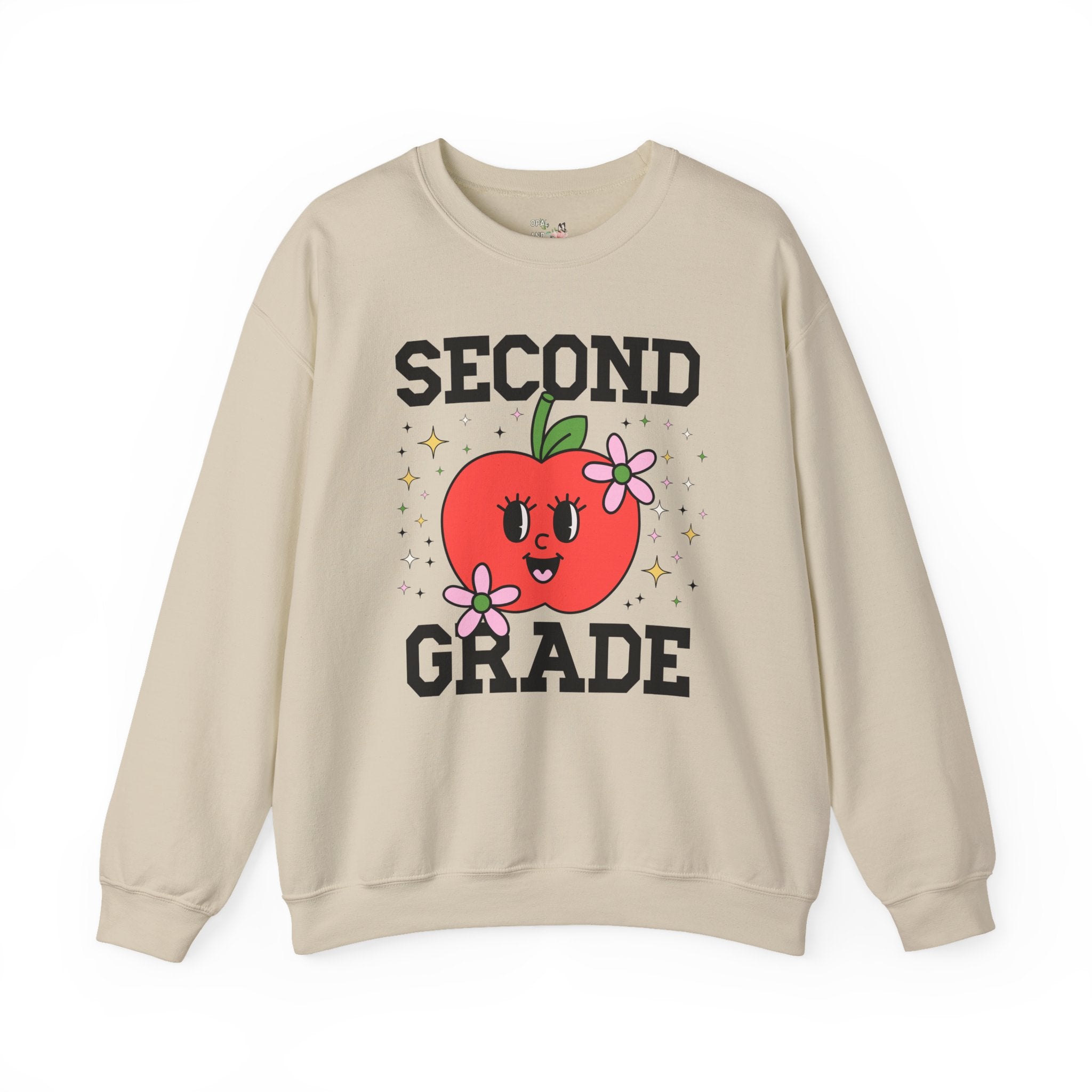 Cute Second Grade Teacher Sweatshirt with Adorable Retro Apple with Flowers, Teacher Team Shirt, Back to School or Meet the Teacher Night - Opal and June