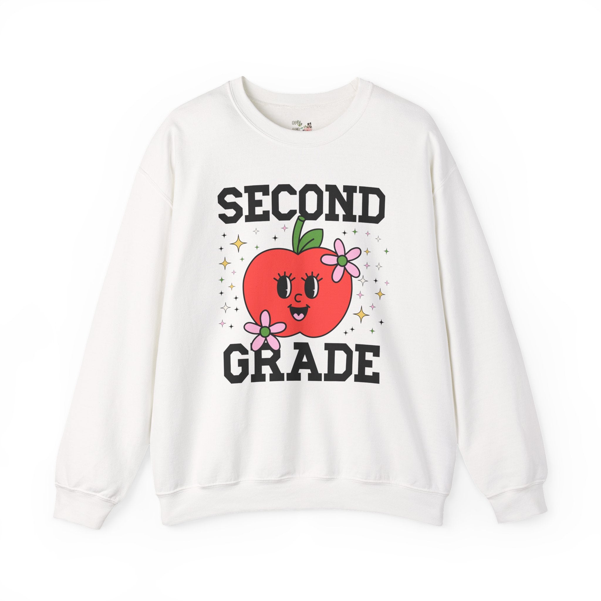 Cute Second Grade Teacher Sweatshirt with Adorable Retro Apple with Flowers, Teacher Team Shirt, Back to School or Meet the Teacher Night - Opal and June
