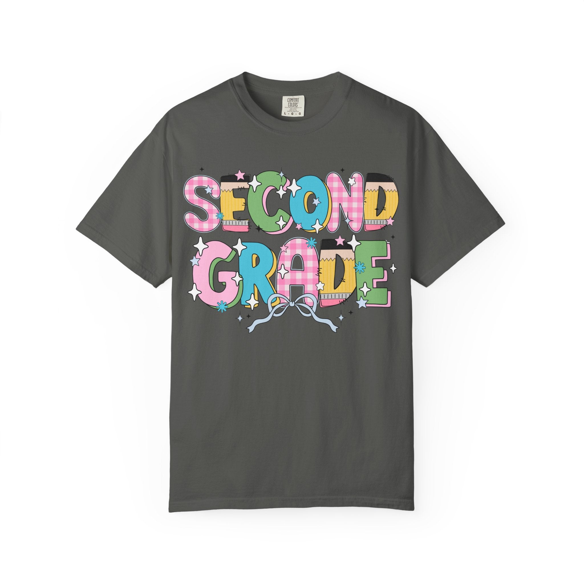Cute Second Grade Teacher Tee Shirt with Bow and Adorable Early 2000s Style Doodles, Teacher Team Tee, Back to School, First Day of School - Opal and June