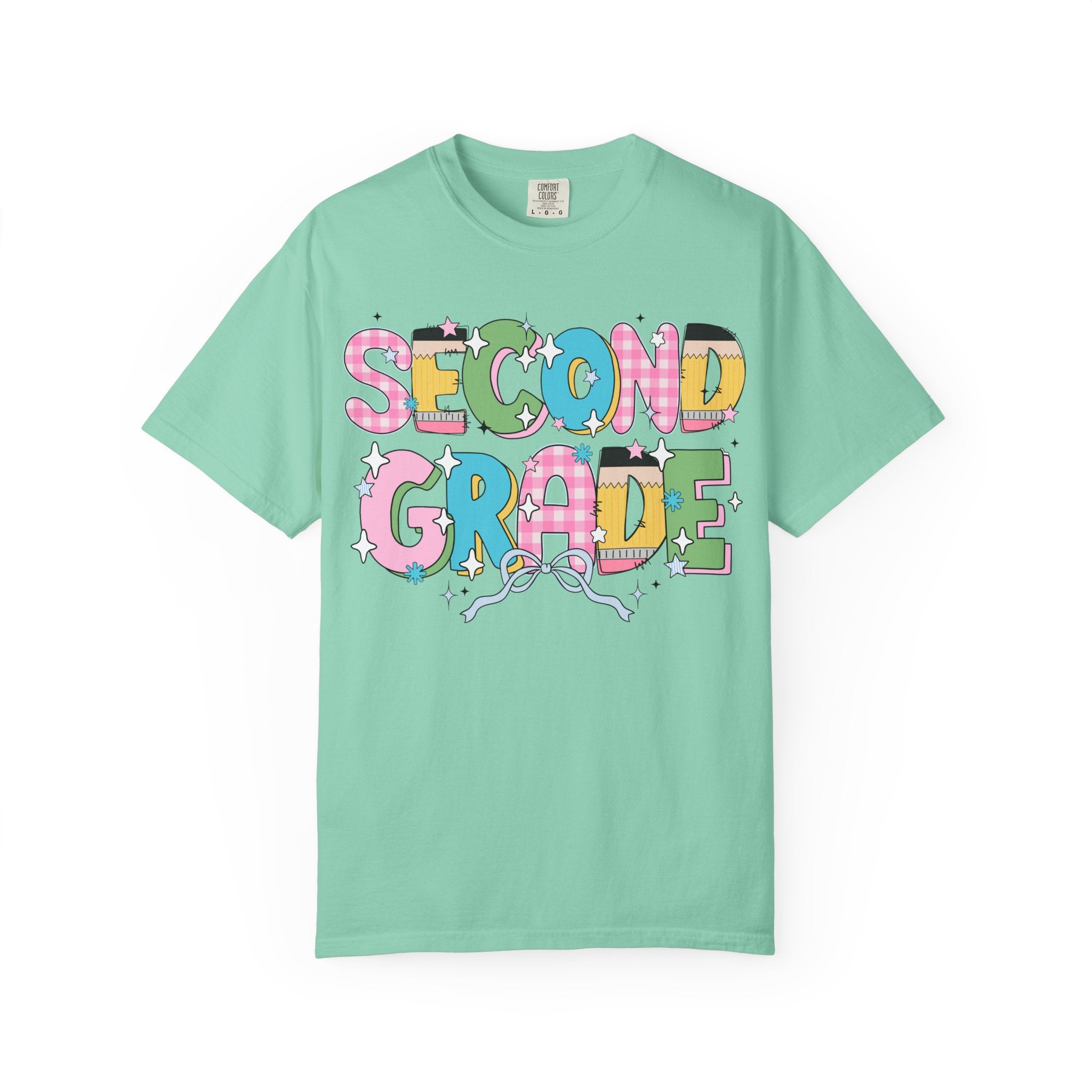 Cute Second Grade Teacher Tee Shirt with Bow and Adorable Early 2000s Style Doodles, Teacher Team Tee, Back to School, First Day of School - Opal and June