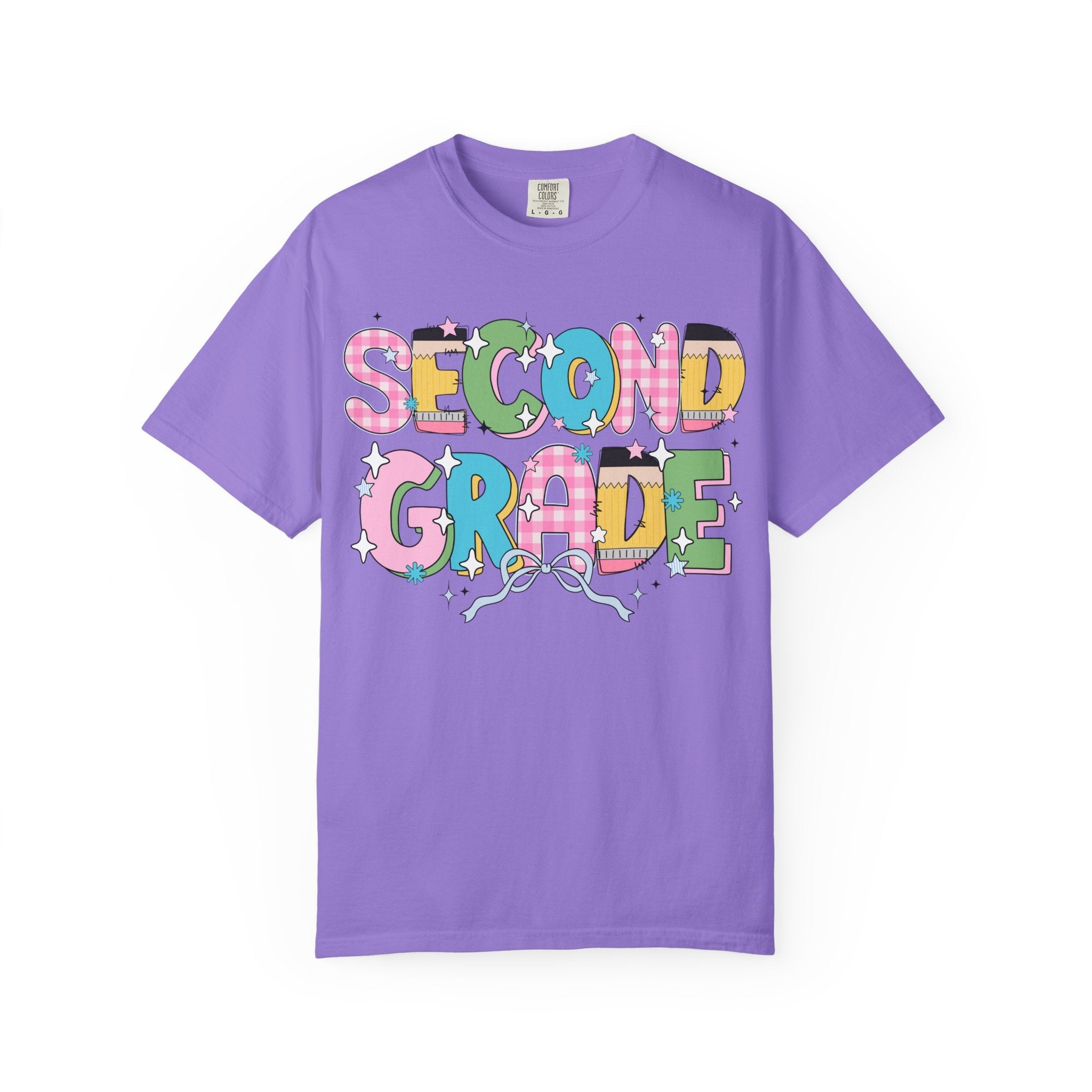 Cute Second Grade Teacher Tee Shirt with Bow and Adorable Early 2000s Style Doodles, Teacher Team Tee, Back to School, First Day of School - Opal and June