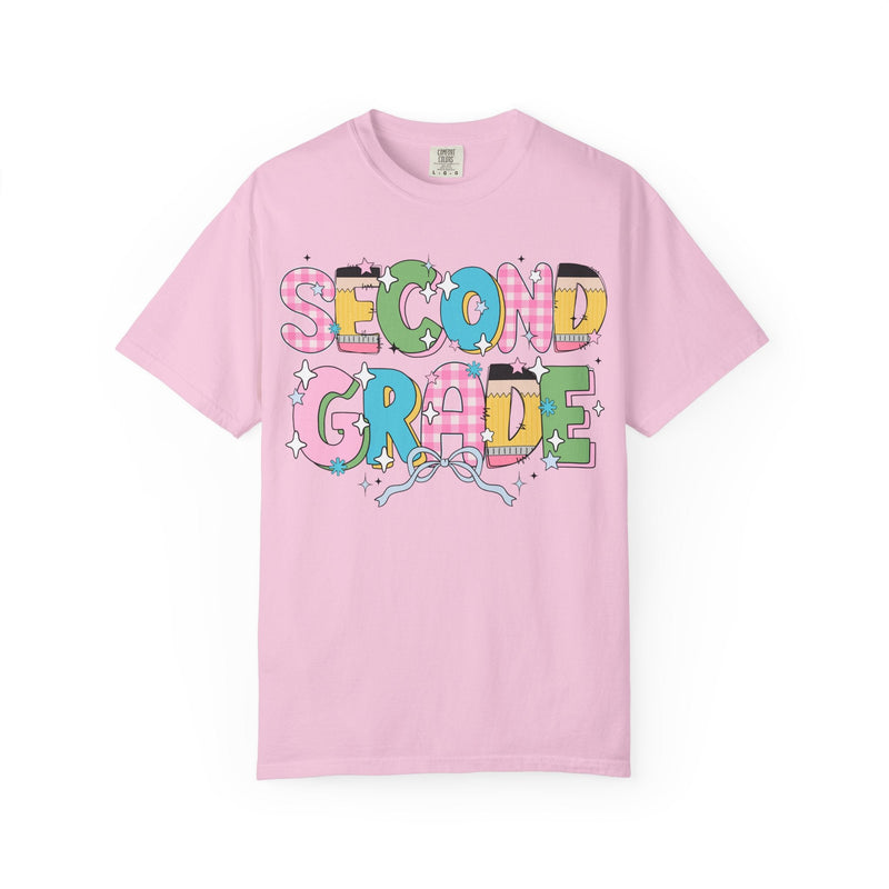 Cute Second Grade Teacher Tee Shirt with Bow and Adorable Early 2000s Style Doodles, Teacher Team Tee, Back to School, First Day of School - Opal and June