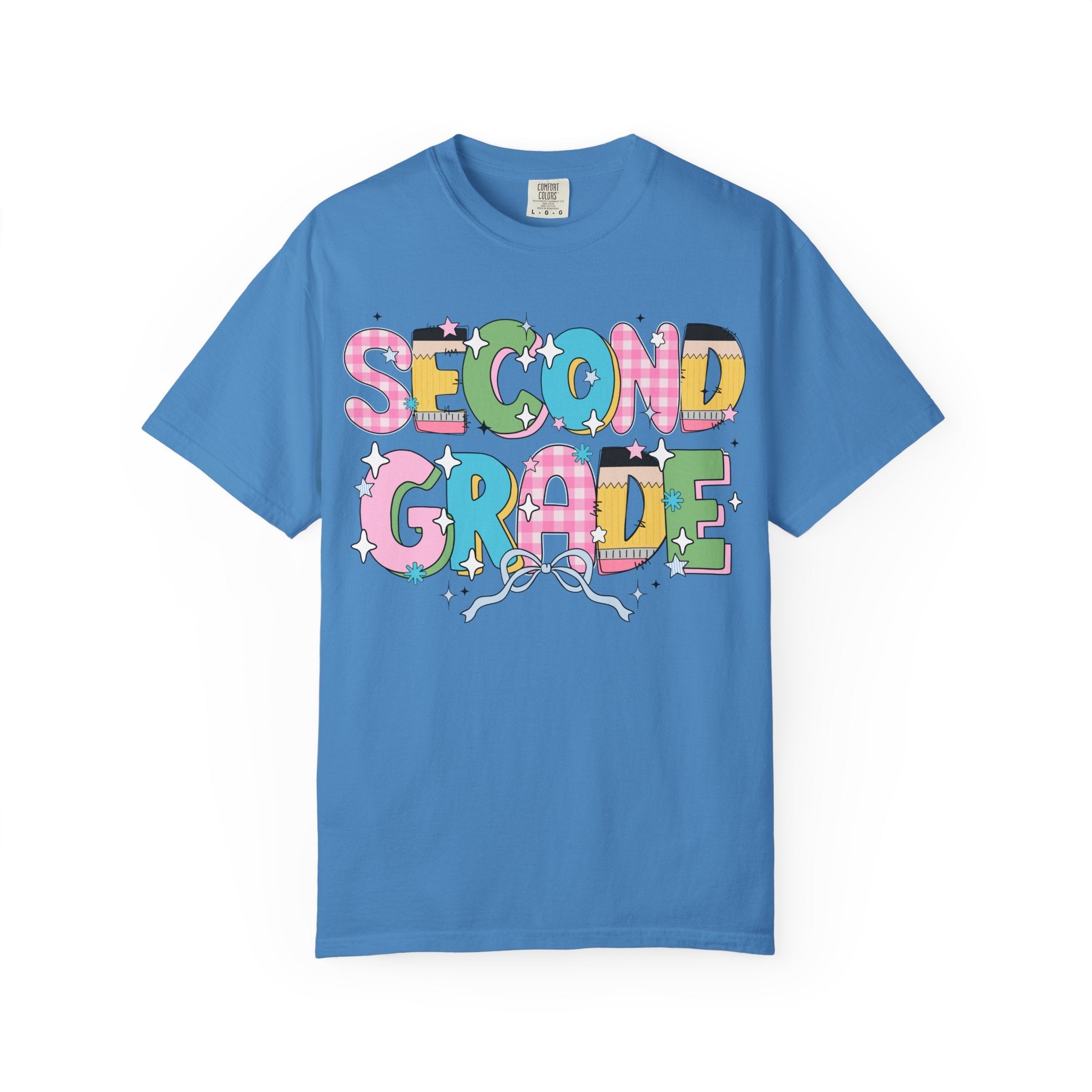 Cute Second Grade Teacher Tee Shirt with Bow and Adorable Early 2000s Style Doodles, Teacher Team Tee, Back to School, First Day of School - Opal and June