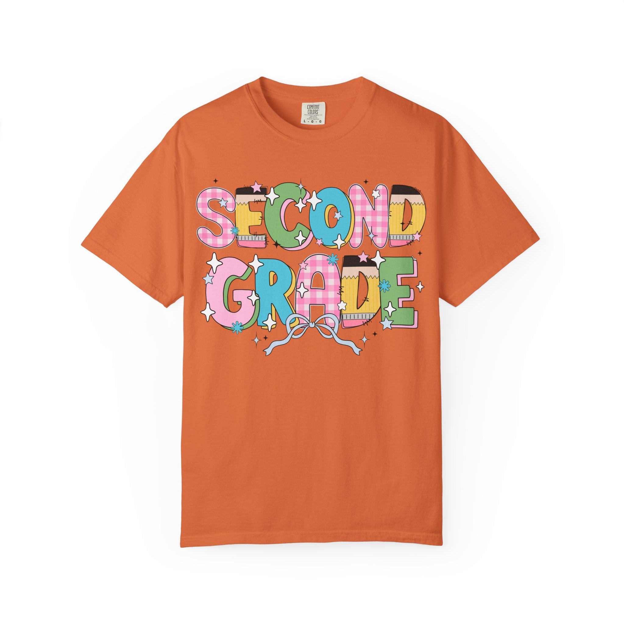 Cute Second Grade Teacher Tee Shirt with Bow and Adorable Early 2000s Style Doodles, Teacher Team Tee, Back to School, First Day of School - Opal and June