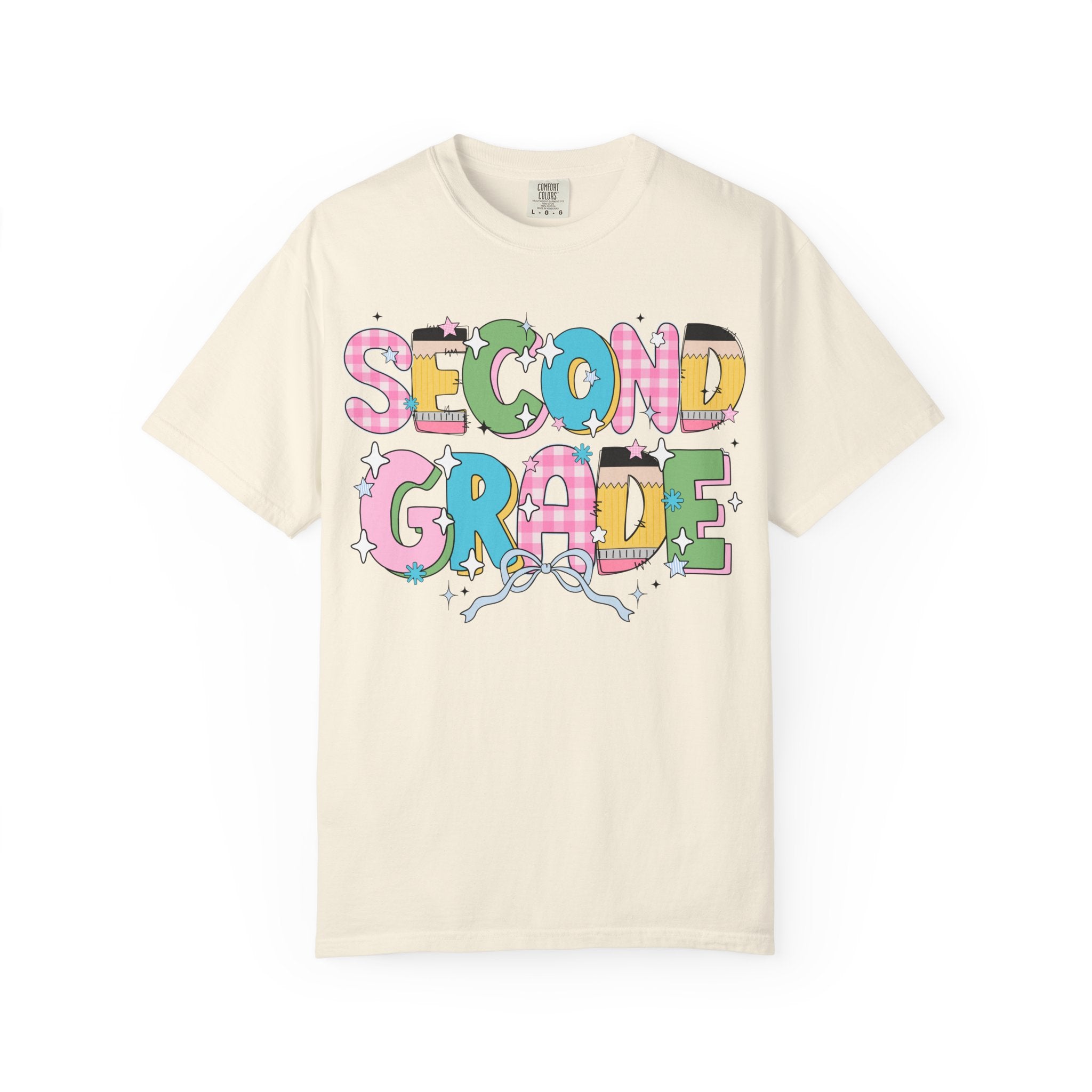 Cute Second Grade Teacher Tee Shirt with Bow and Adorable Early 2000s Style Doodles, Teacher Team Tee, Back to School, First Day of School - Opal and June