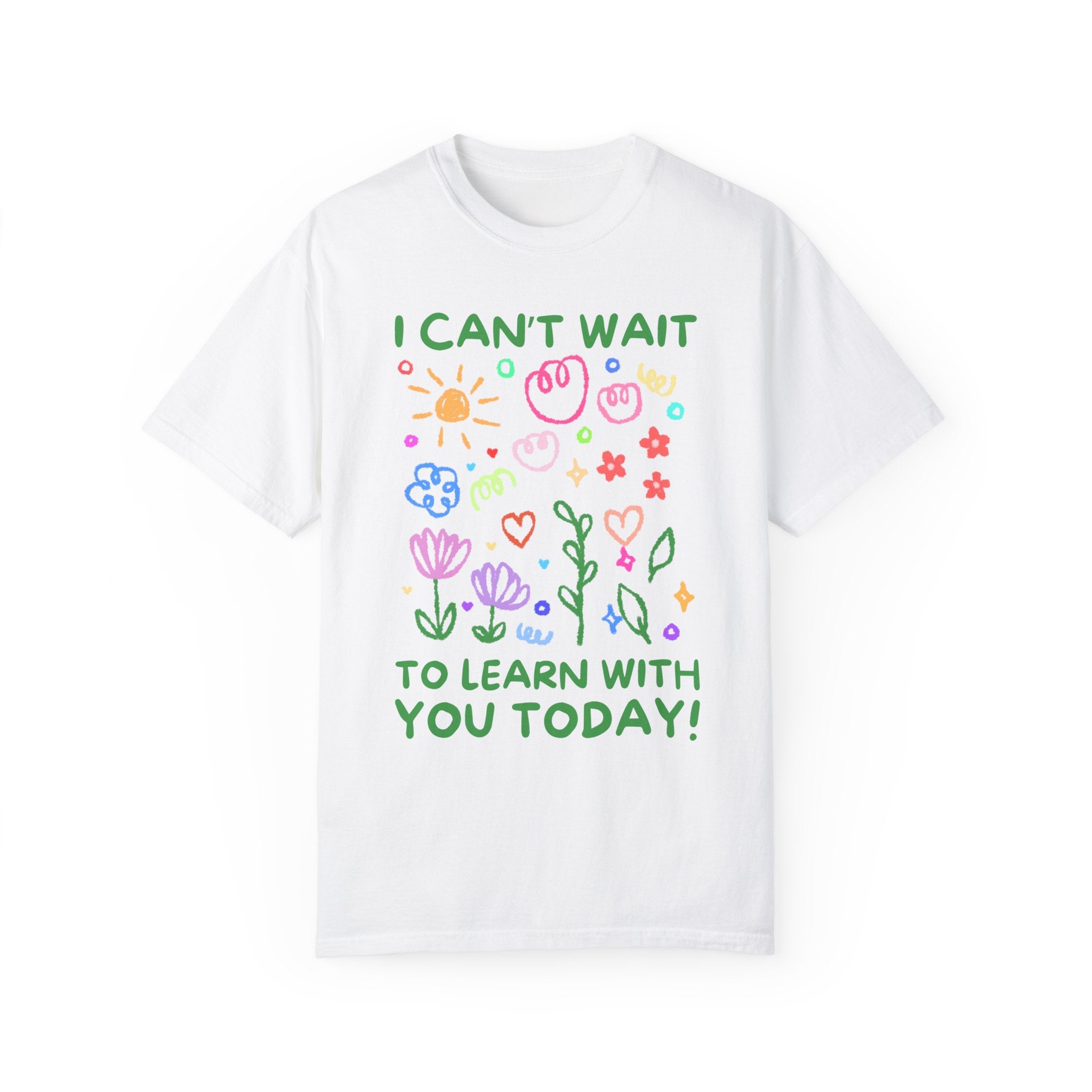 Cute Second Grade Teacher Tee with Adorable Doodles: I Can't Wait to Learn With You Today! Silly Elementary School, Preschool Teacher Shirt - Opal and June
