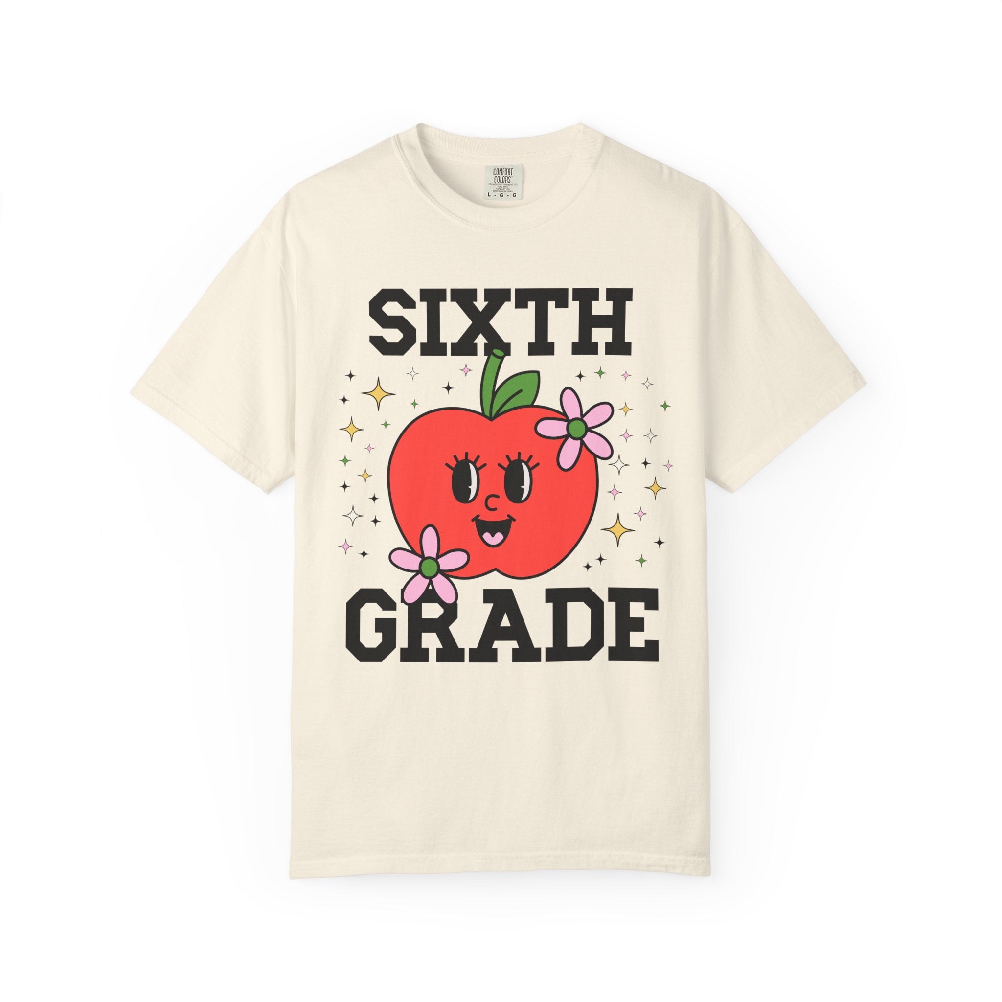 Cute Sixth Grade Teacher Tee Shirt with Adorable Retro Apple with Flowers, Teacher Team T-Shirt, Back to School or Meet the Teacher Night - Opal and June