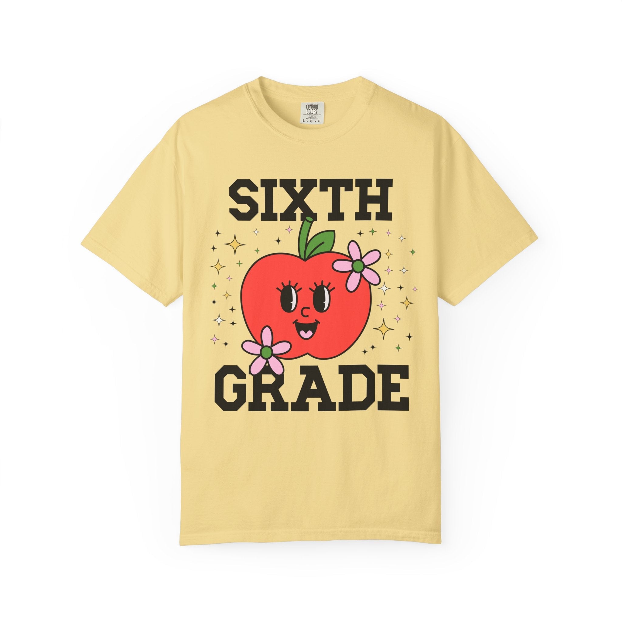 Cute Sixth Grade Teacher Tee Shirt with Adorable Retro Apple with Flowers, Teacher Team T-Shirt, Back to School or Meet the Teacher Night - Opal and June