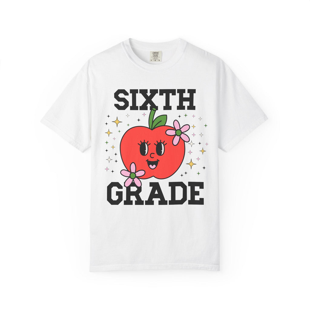 Cute Sixth Grade Teacher Tee Shirt with Adorable Retro Apple with Flowers, Teacher Team T-Shirt, Back to School or Meet the Teacher Night - Opal and June