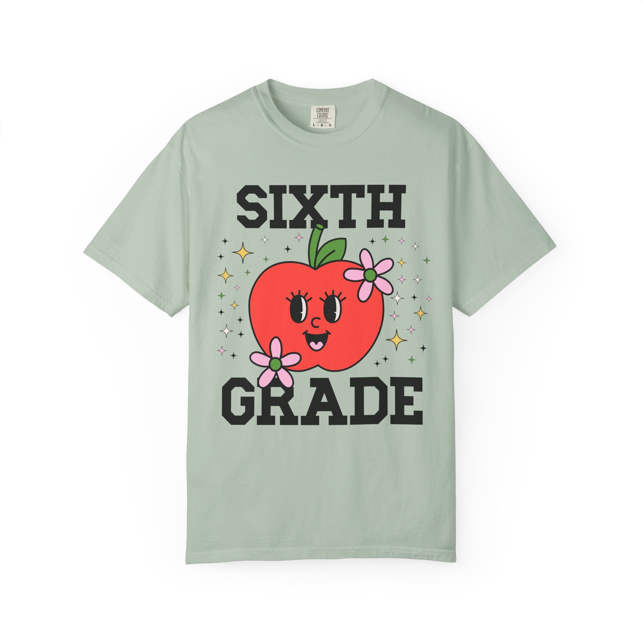 Cute Sixth Grade Teacher Tee Shirt with Adorable Retro Apple with Flowers, Teacher Team T-Shirt, Back to School or Meet the Teacher Night - Opal and June