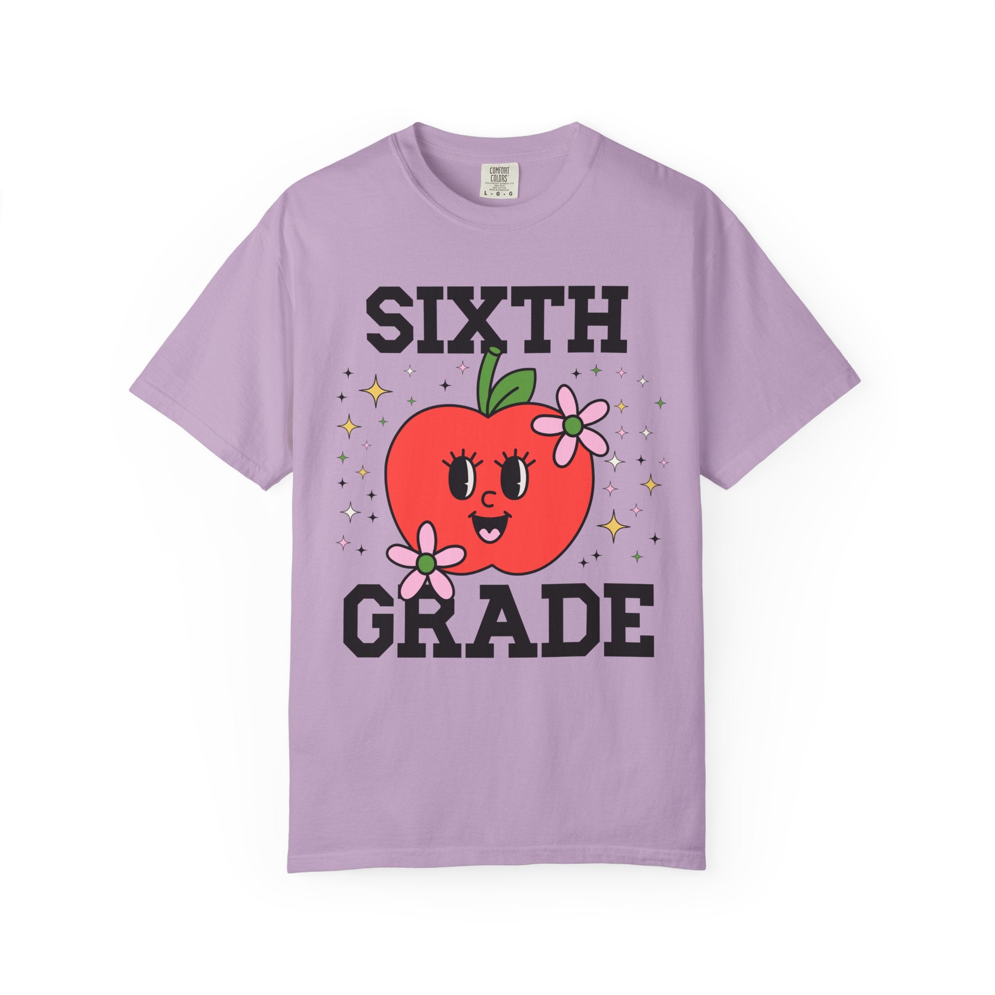 Cute Sixth Grade Teacher Tee Shirt with Adorable Retro Apple with Flowers, Teacher Team T-Shirt, Back to School or Meet the Teacher Night - Opal and June