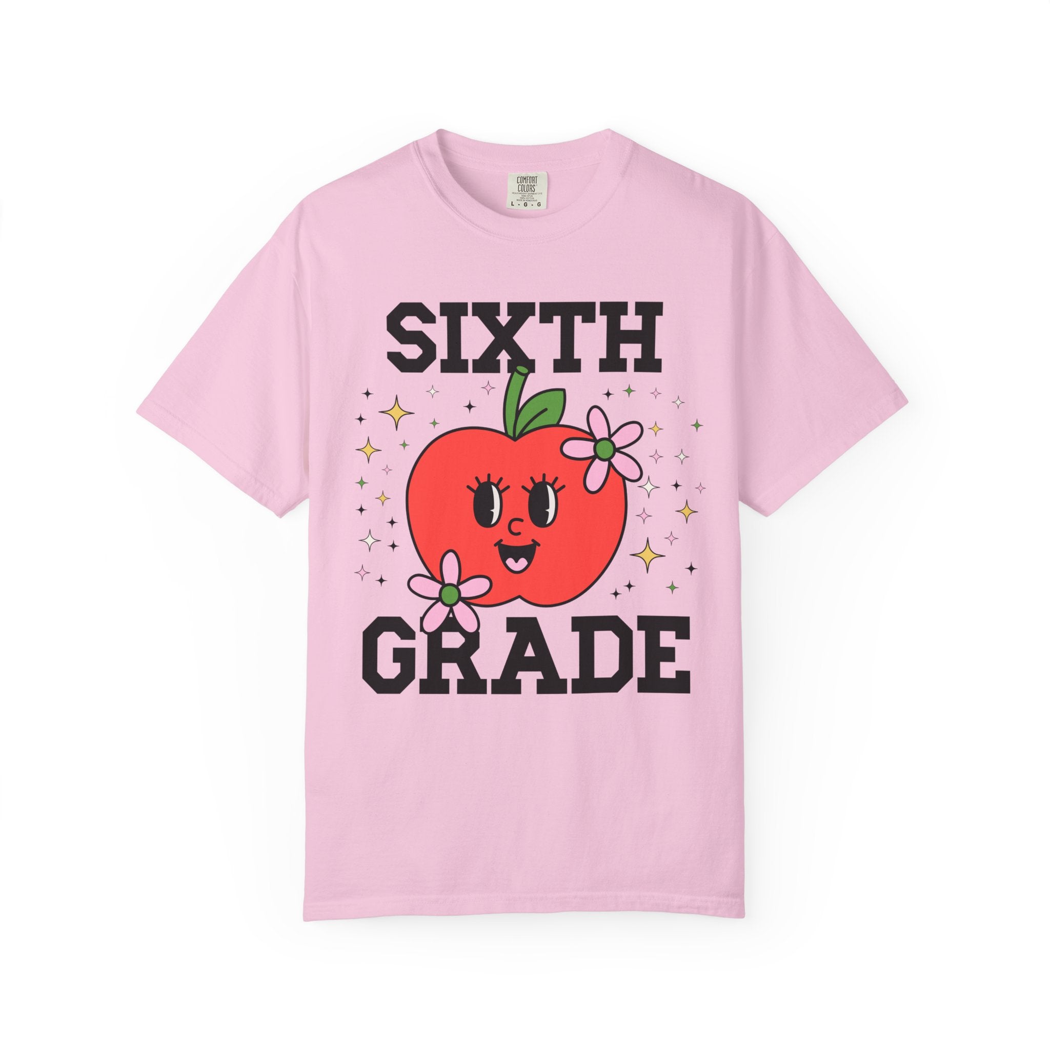 Cute Sixth Grade Teacher Tee Shirt with Adorable Retro Apple with Flowers, Teacher Team T-Shirt, Back to School or Meet the Teacher Night - Opal and June