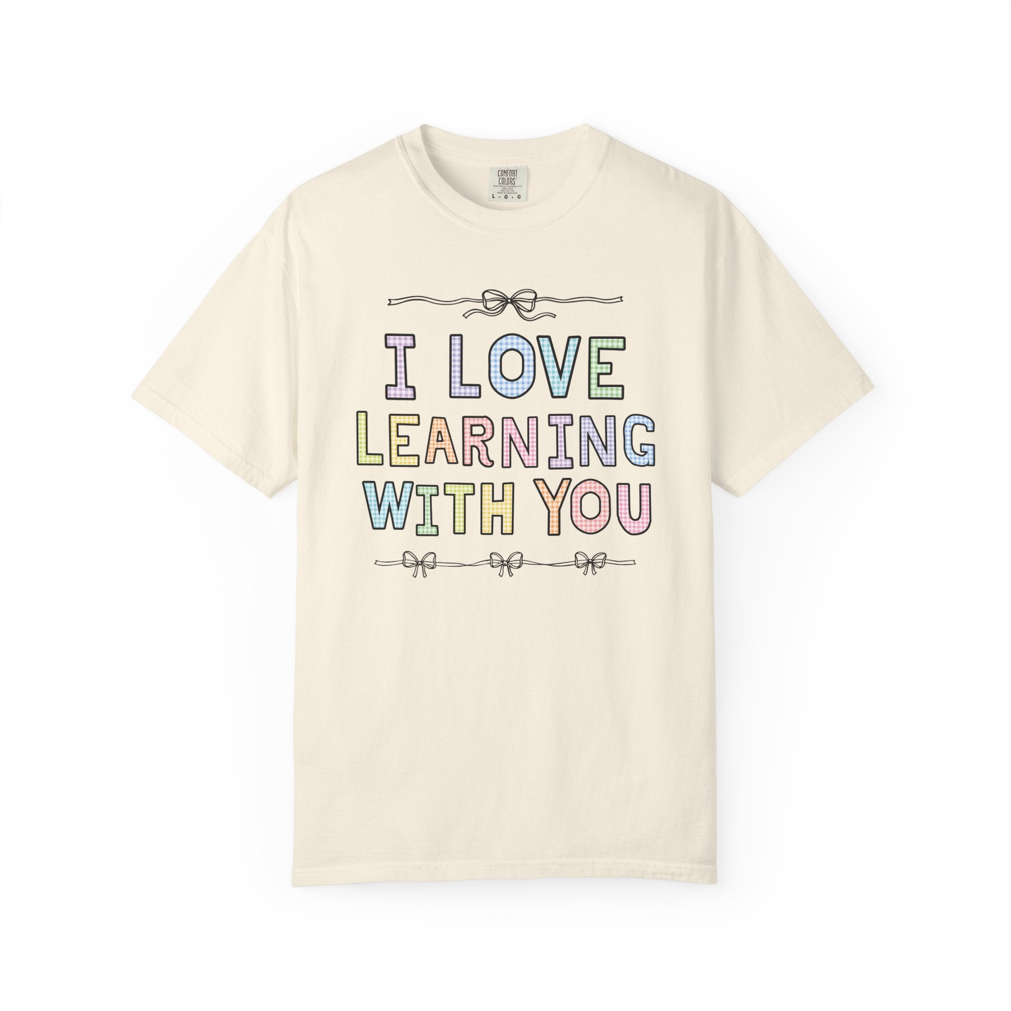 Cute Teacher Tee Shirt with Funny Saying for Elementary School Teacher or Teaching Aide: I Love Learning With You! Colorful 90s Aesthetic - Opal and June