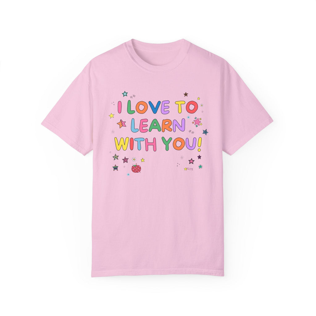 Cute Teacher Tee Shirt with Stars and Adorable Y2K Doodles: I Love to Learn With You! Colorful Kindergarten or First Grade Teacher T-Shirt - Opal and June