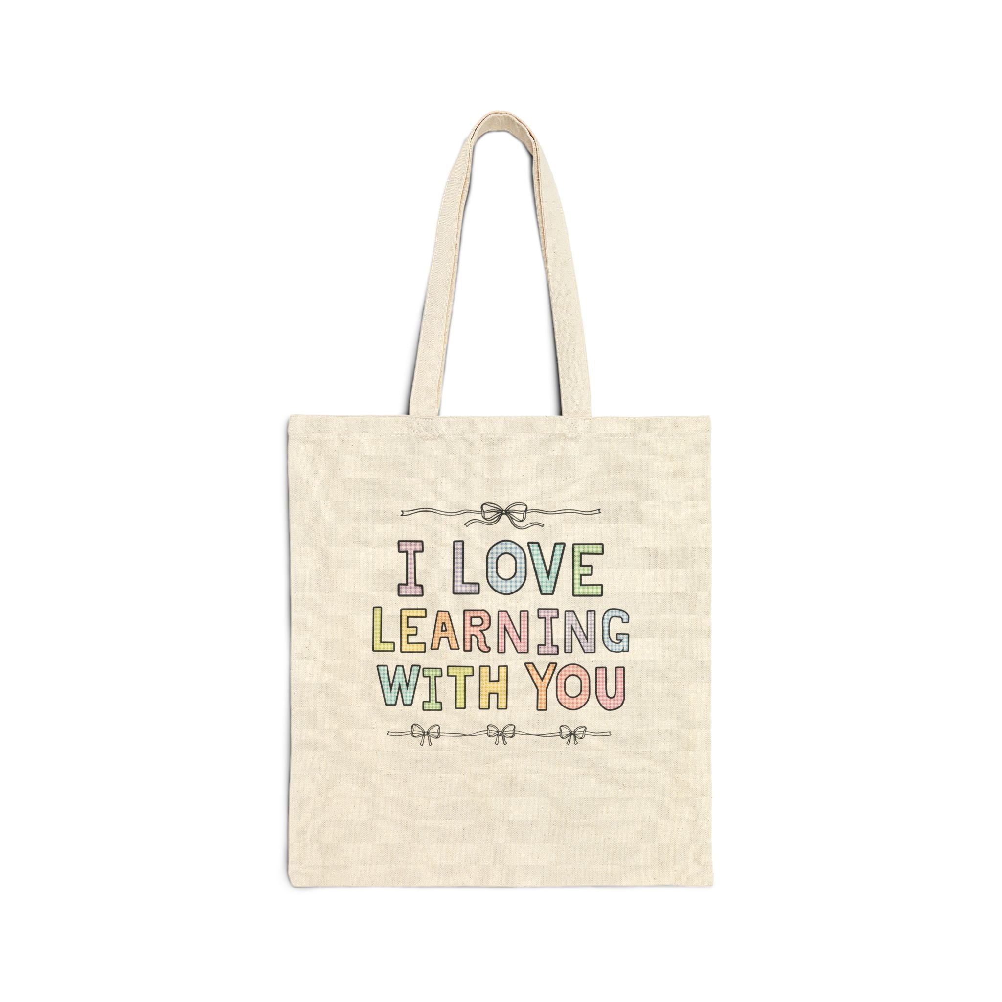 Cute Teacher Tote Bag with Funny Saying for Elementary School Teacher or Teaching Aide: I Love Learning With You! Colorful 90s Aesthetic - Opal and June