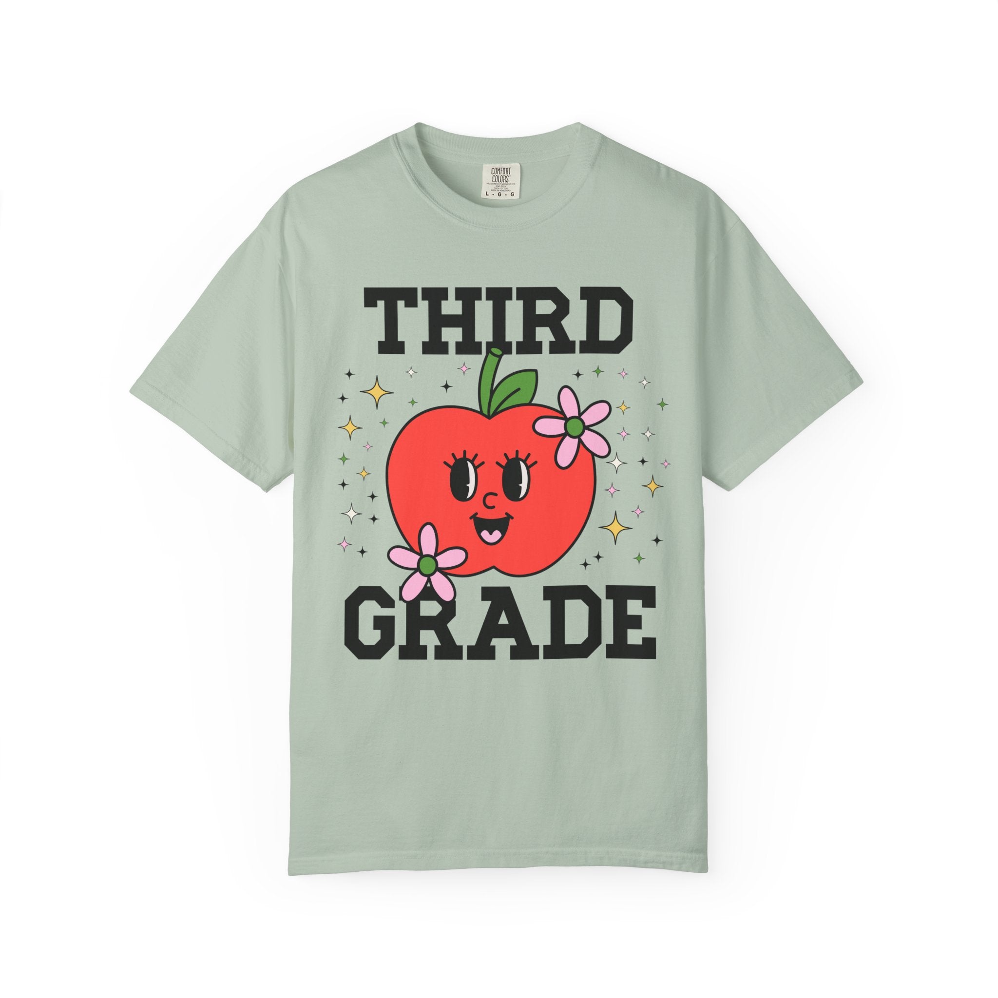 Cute Third Grade Teacher Tee Shirt with Adorable Retro Apple with Flowers, Teacher Team T-Shirt, Back to School or Meet the Teacher Night - Opal and June