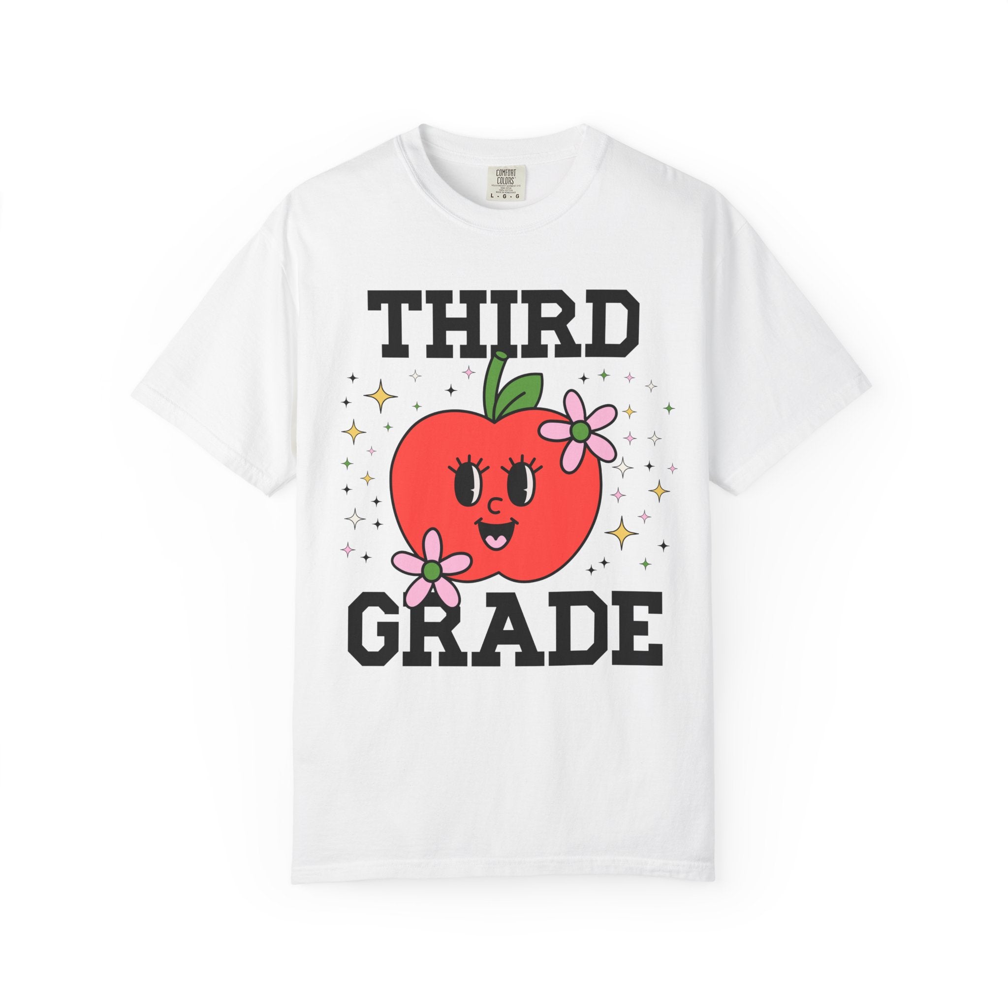 Cute Third Grade Teacher Tee Shirt with Adorable Retro Apple with Flowers, Teacher Team T-Shirt, Back to School or Meet the Teacher Night - Opal and June