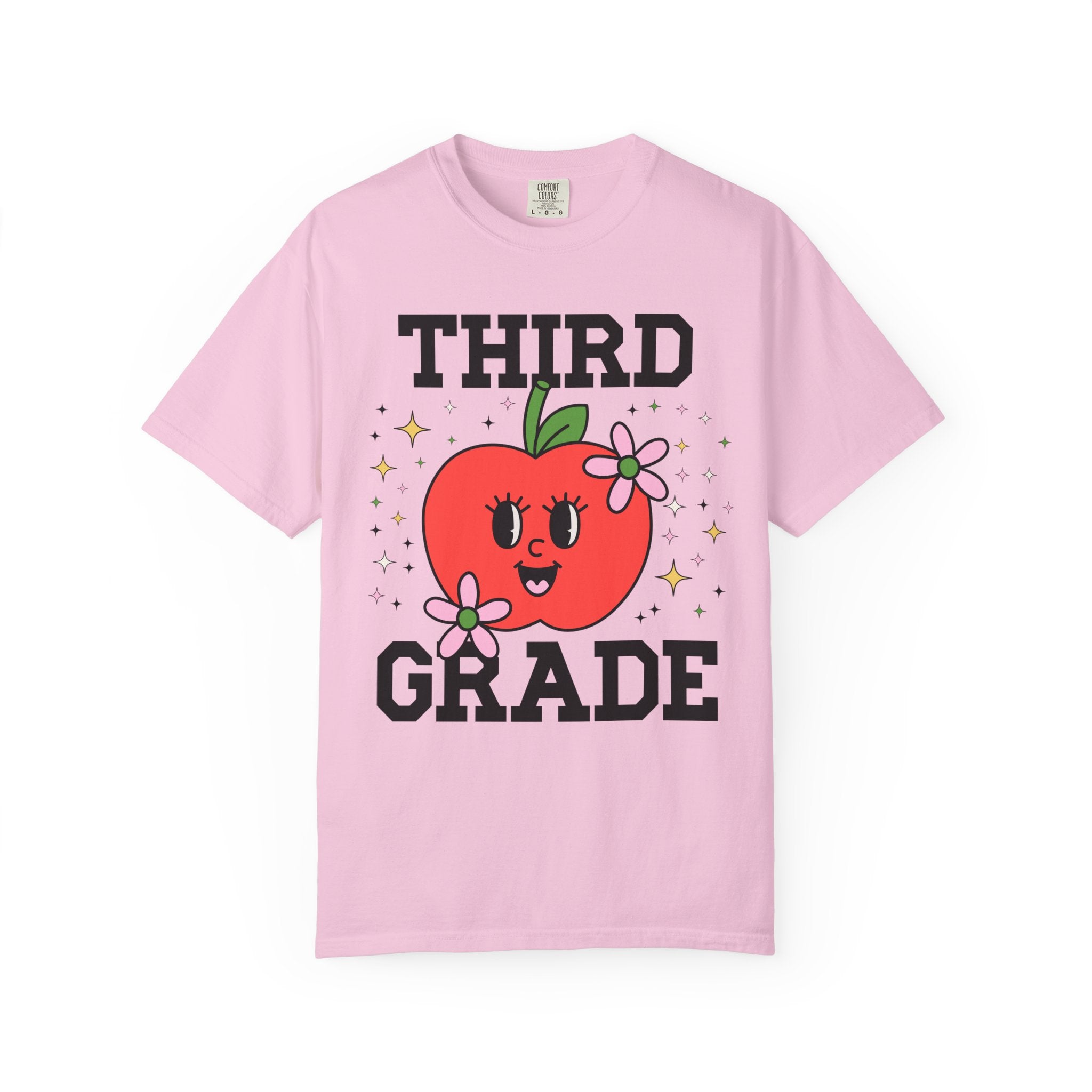 Cute Third Grade Teacher Tee Shirt with Adorable Retro Apple with Flowers, Teacher Team T-Shirt, Back to School or Meet the Teacher Night - Opal and June