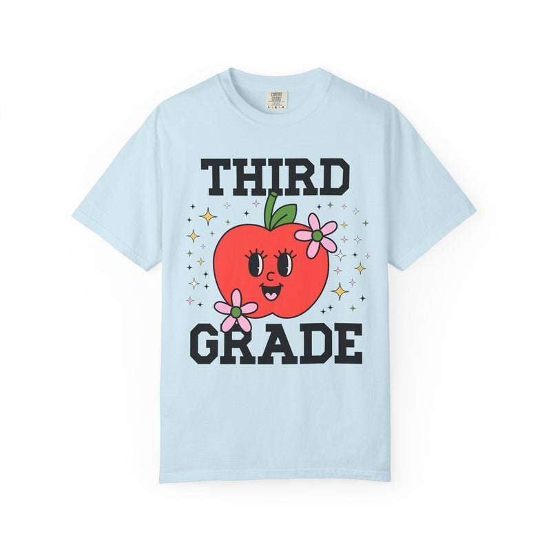 Cute Third Grade Teacher Tee Shirt with Adorable Retro Apple with Flowers, Teacher Team T-Shirt, Back to School or Meet the Teacher Night - Opal and June