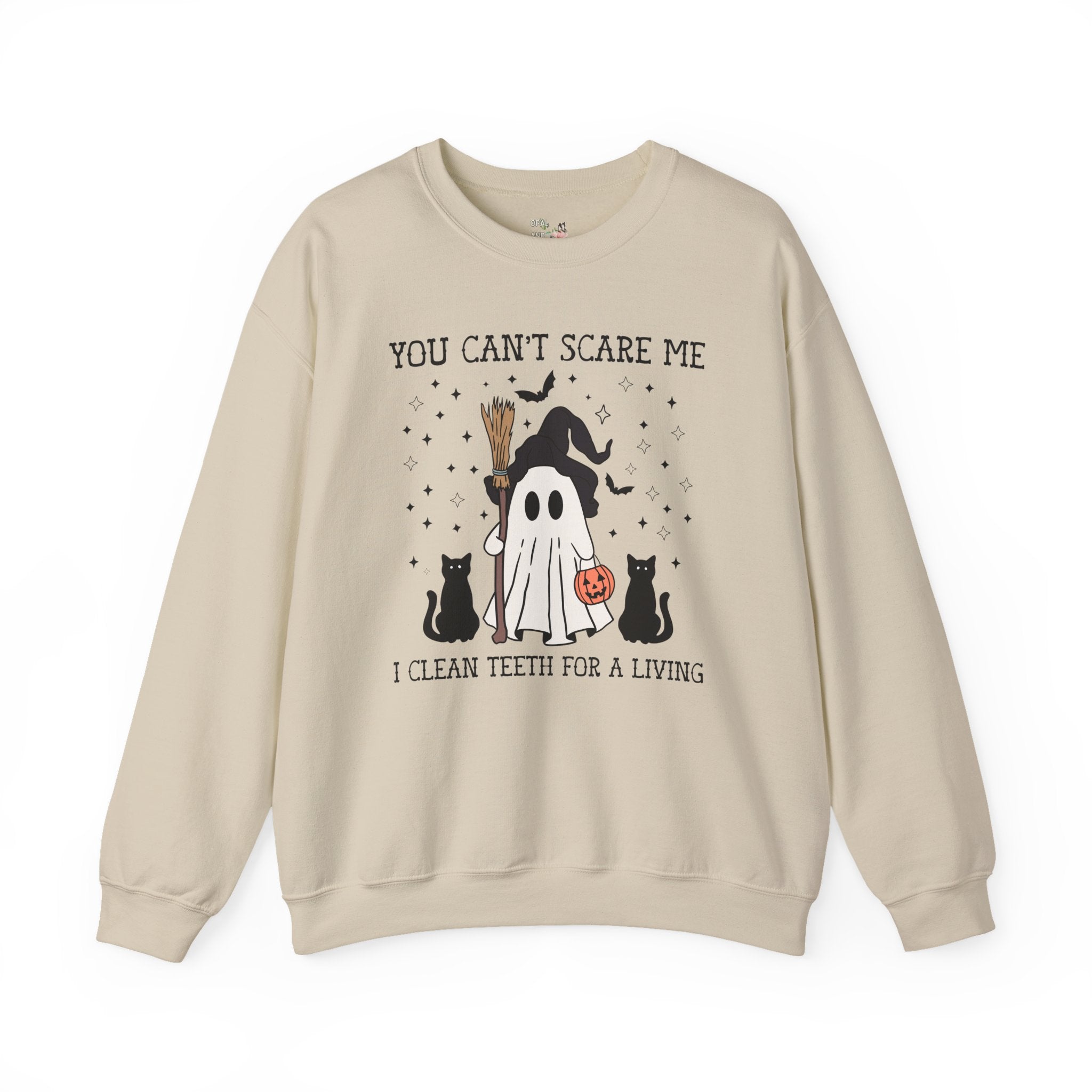 Dental Hygienist Halloween Sweatshirt for Dentist or Dental Assistant, Funny Saying Witchy Halloween Crewneck with Cute Retro Ghost and Cats - Opal and June
