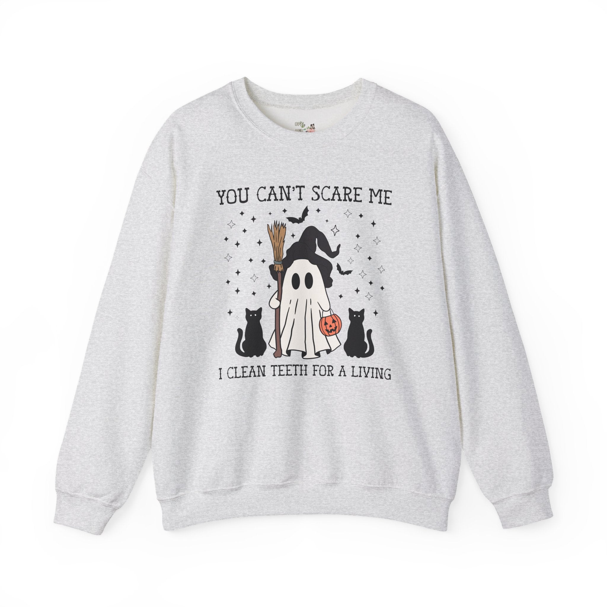 Dental Hygienist Halloween Sweatshirt for Dentist or Dental Assistant, Funny Saying Witchy Halloween Crewneck with Cute Retro Ghost and Cats - Opal and June