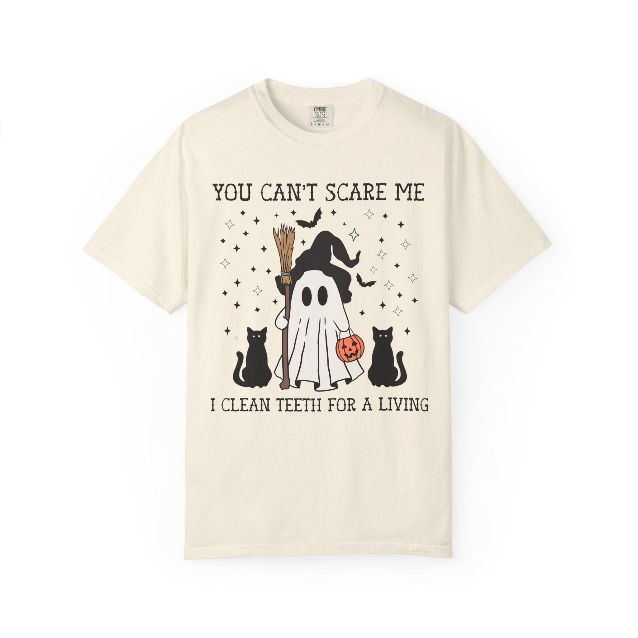 Dental Hygienist Halloween Tee Shirt for Dentist or Dental Assistant, Funny Saying Witchy Halloween T-Shirt with Cute Retro Ghost and Cats - Opal and June