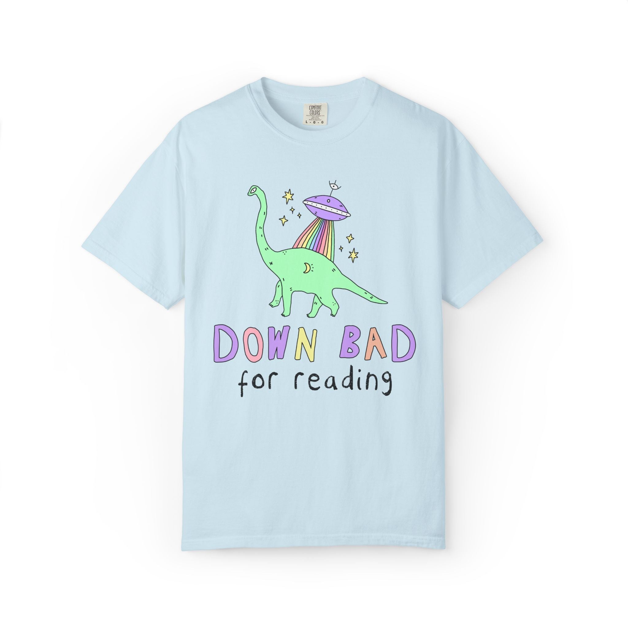 Dinosaur Bookish Tee Shirt with Rainbow UFO: Down Bad for Reading, Silly Dreamcore Book Lover or Librarian Tee Shirt for Mom Who Loves Books - Opal and June
