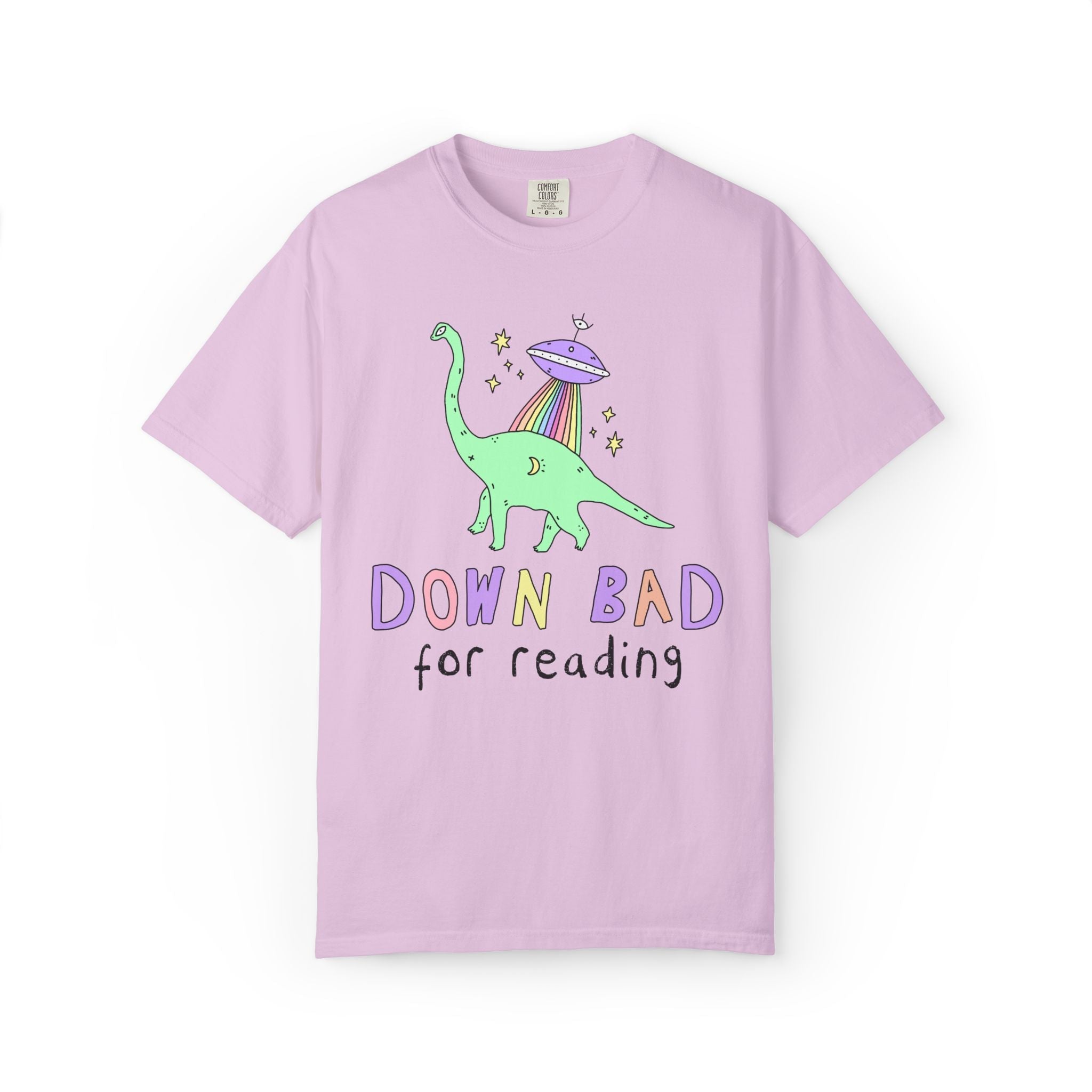Dinosaur Bookish Tee Shirt with Rainbow UFO: Down Bad for Reading, Silly Dreamcore Book Lover or Librarian Tee Shirt for Mom Who Loves Books - Opal and June