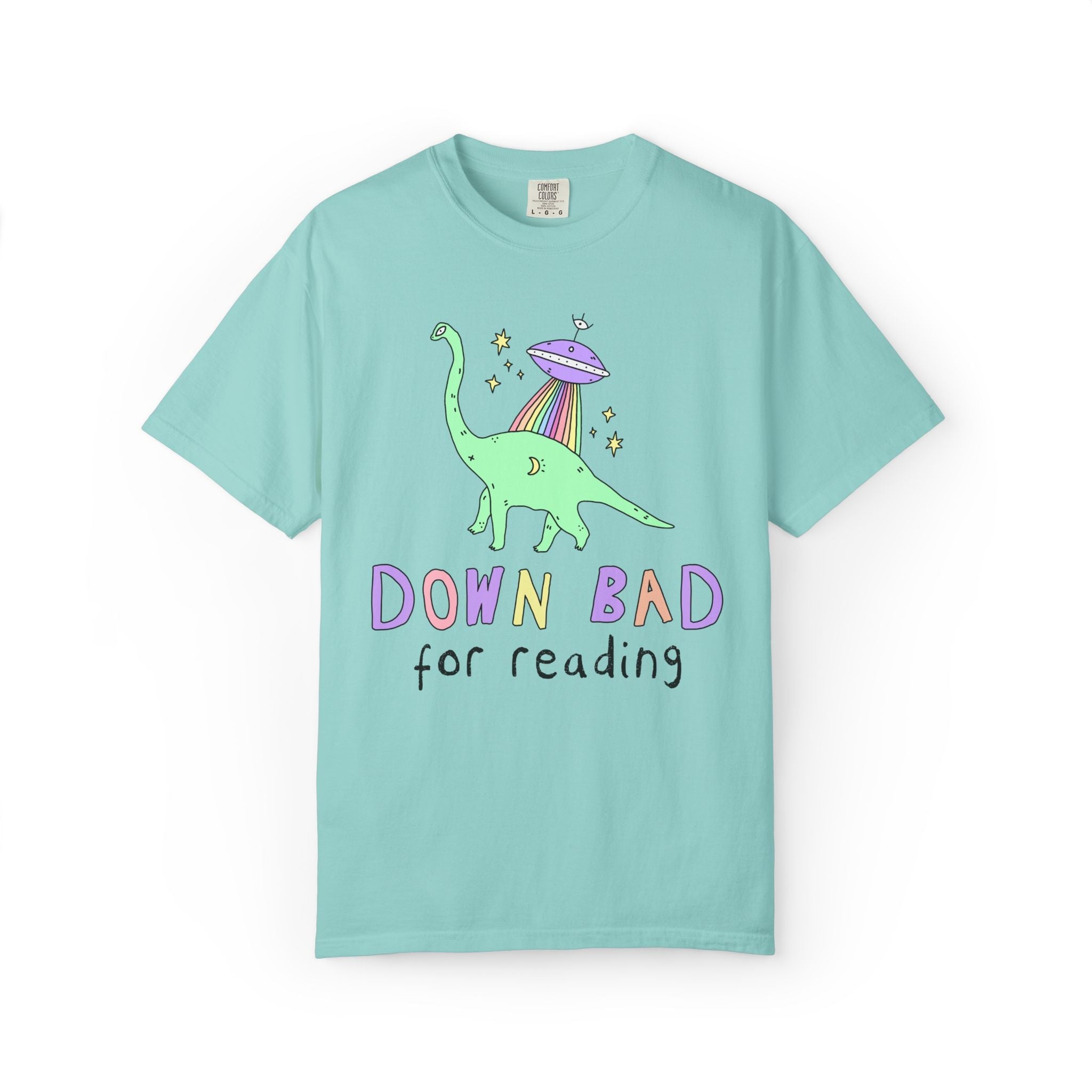 Dinosaur Bookish Tee Shirt with Rainbow UFO: Down Bad for Reading, Silly Dreamcore Book Lover or Librarian Tee Shirt for Mom Who Loves Books - Opal and June