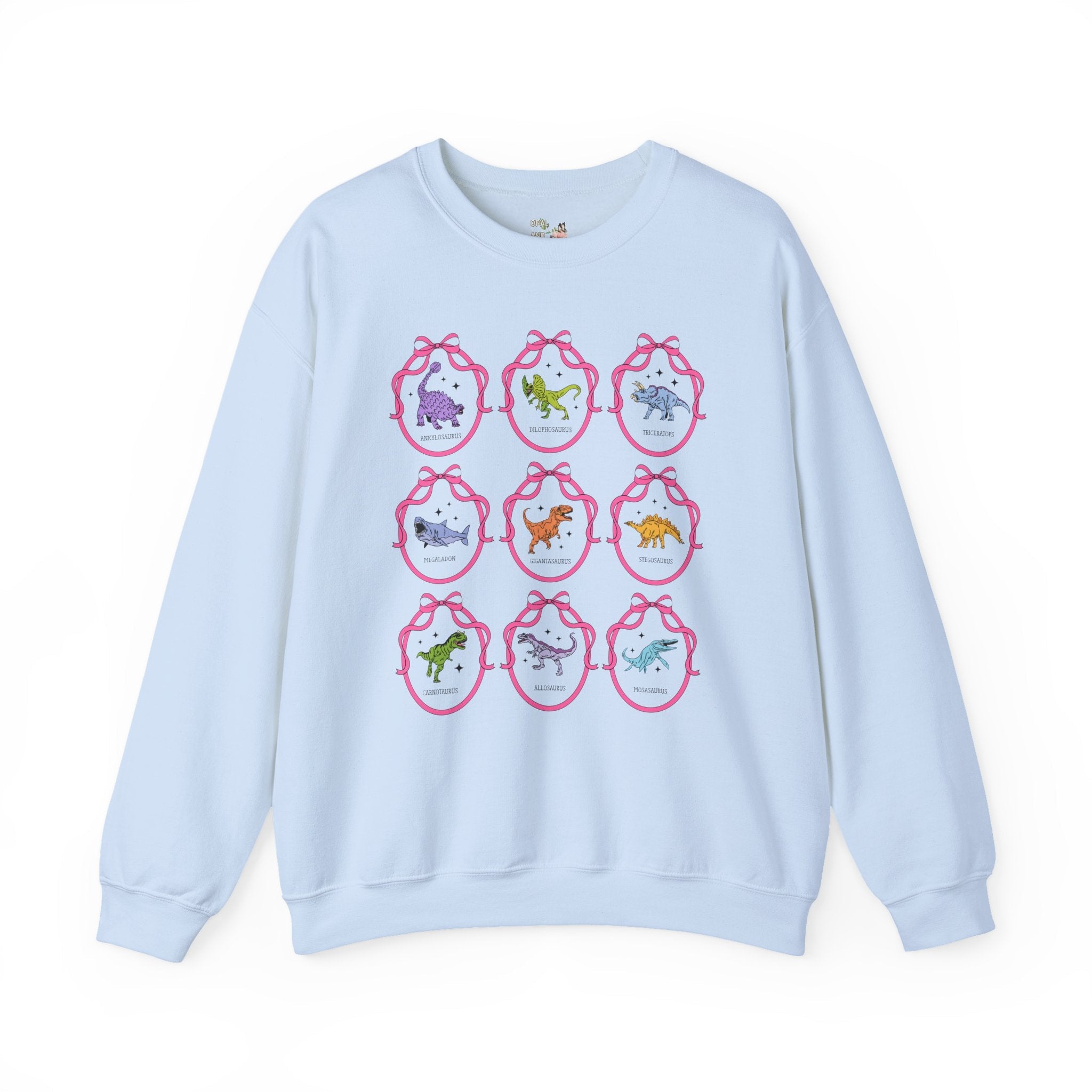 Dinosaur Lover Sweatshirt with Cute Coquette Ribbons and Retro Aesthetic Stars, Cute Birthday Gift, Cozy Animal Lover Paleontologist Shirt - Opal and June
