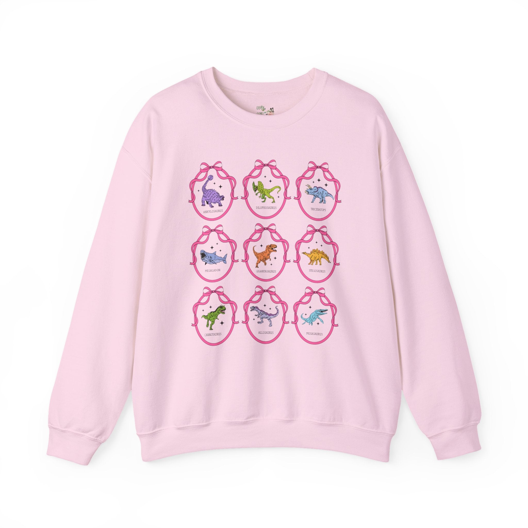 Dinosaur Lover Sweatshirt with Cute Coquette Ribbons and Retro Aesthetic Stars, Cute Birthday Gift, Cozy Animal Lover Paleontologist Shirt - Opal and June