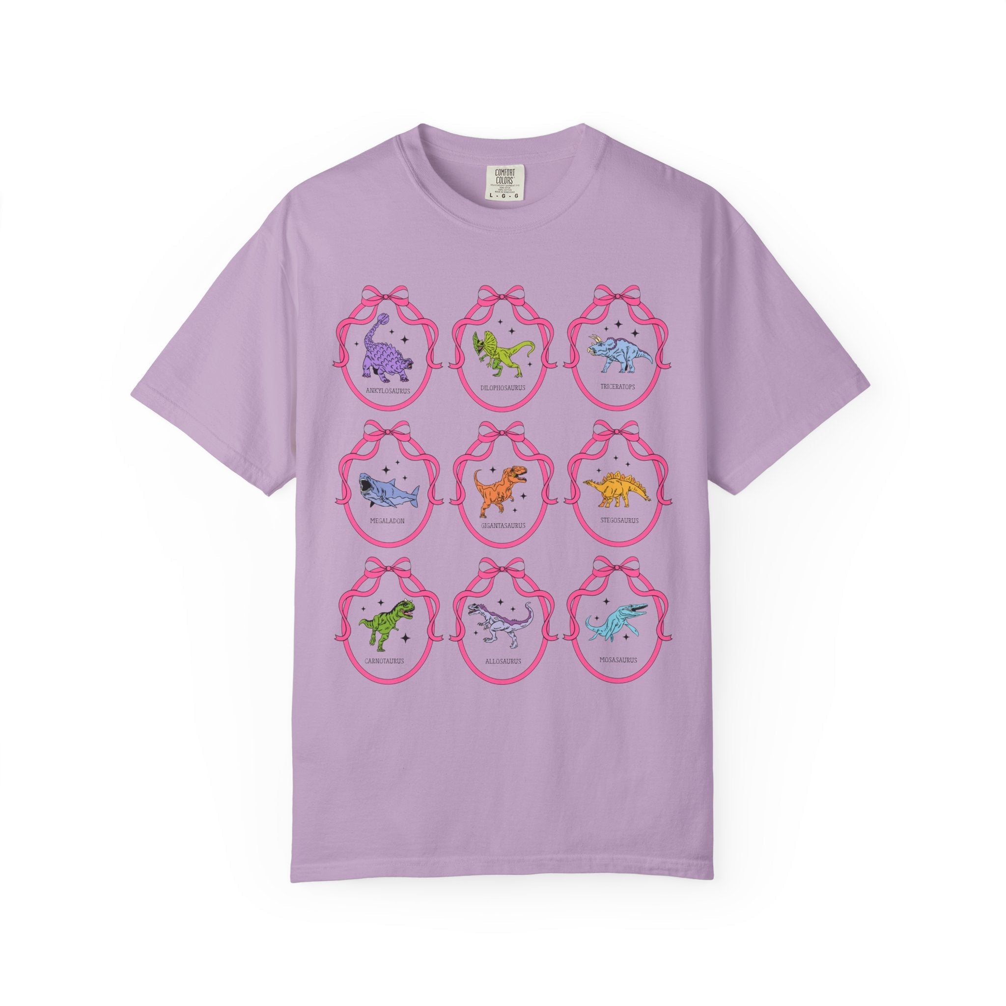 Dinosaur Lover Tee Shirt with Cute Coquette Ribbons and Retro Aesthetic Stars, Cute Birthday Gift, Cozy Animal Lover Paleontologist Tee - Opal and June