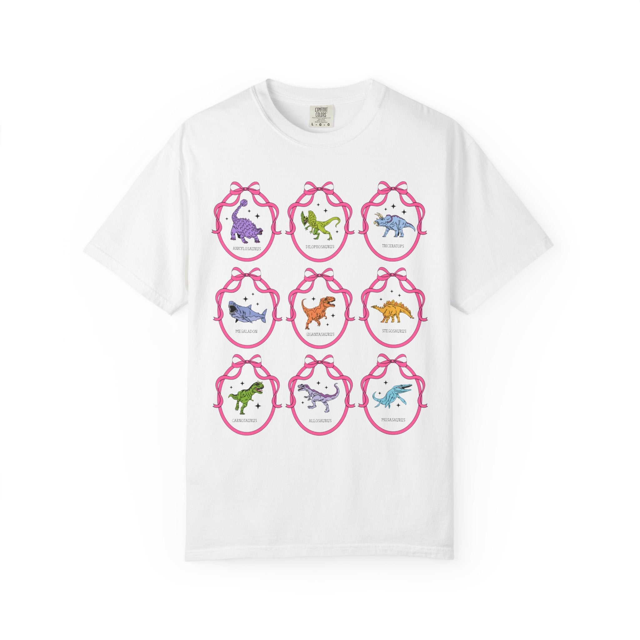 Dinosaur Lover Tee Shirt with Cute Coquette Ribbons and Retro Aesthetic Stars, Cute Birthday Gift, Cozy Animal Lover Paleontologist Tee - Opal and June