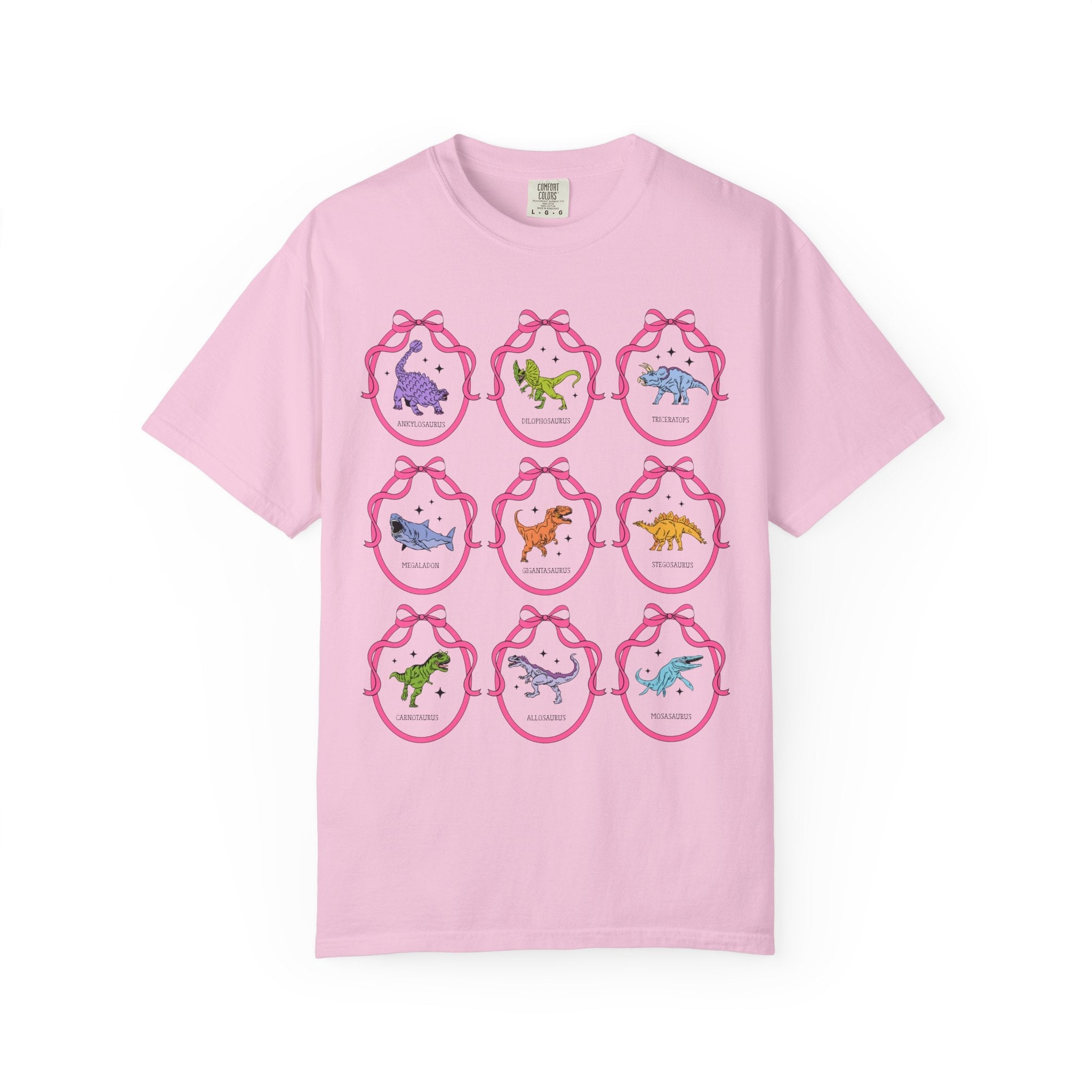 Dinosaur Lover Tee Shirt with Cute Coquette Ribbons and Retro Aesthetic Stars, Cute Birthday Gift, Cozy Animal Lover Paleontologist Tee - Opal and June