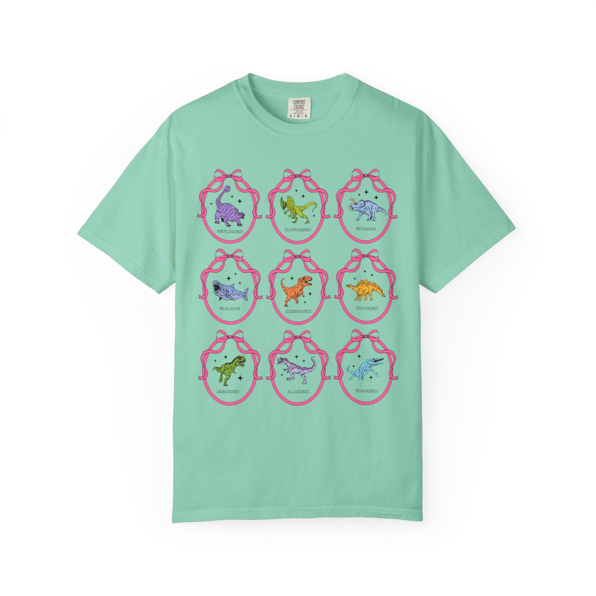 Dinosaur Lover Tee Shirt with Cute Coquette Ribbons and Retro Aesthetic Stars, Cute Birthday Gift, Cozy Animal Lover Paleontologist Tee - Opal and June