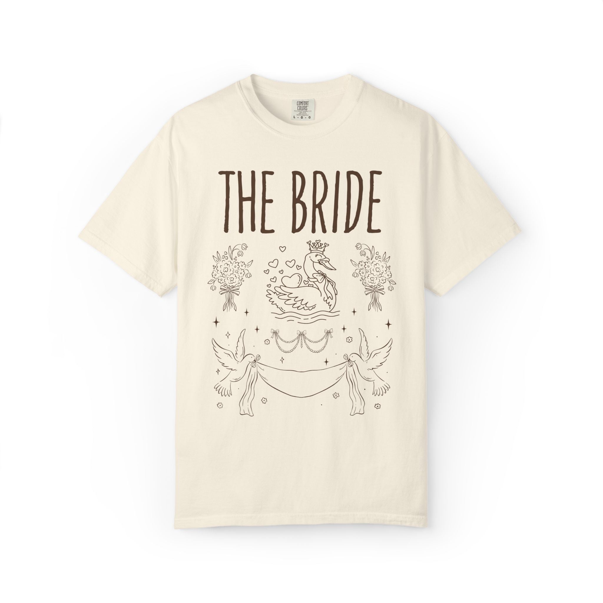 Doodle Bridesmaid and Bride Tee Shirt with Swan and Flowers: Cute and Silly Nostalgic Matching Tees for Wedding Weekend, Bachelorette Party - Opal and June
