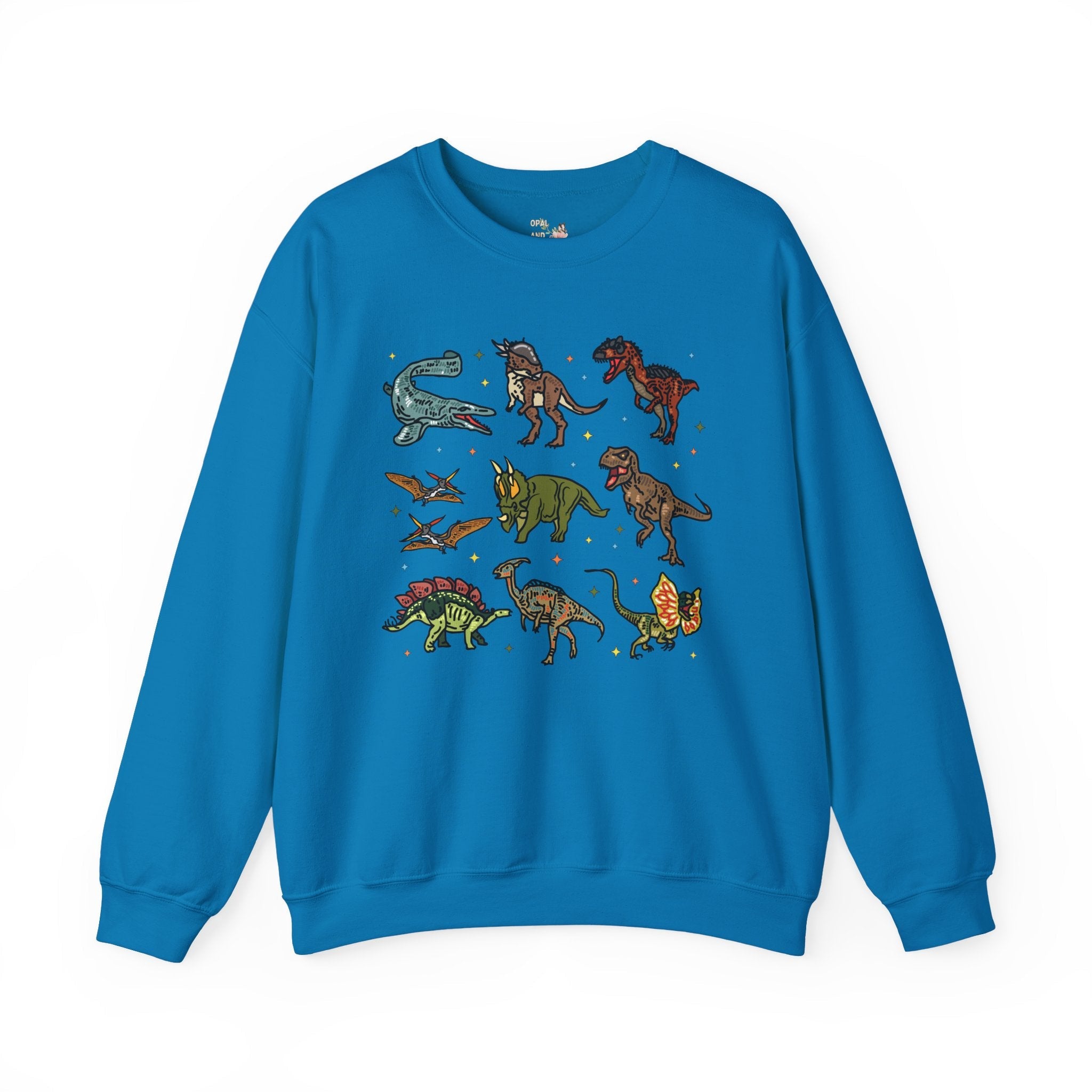 Doodle Dinosaur Sweatshirt with Stars | Shirt for Dinosaur Lovers of All Ages with Cute Retro Aesthetic Stars, 90s Vibe, Cute Birthday Gift - Opal and June