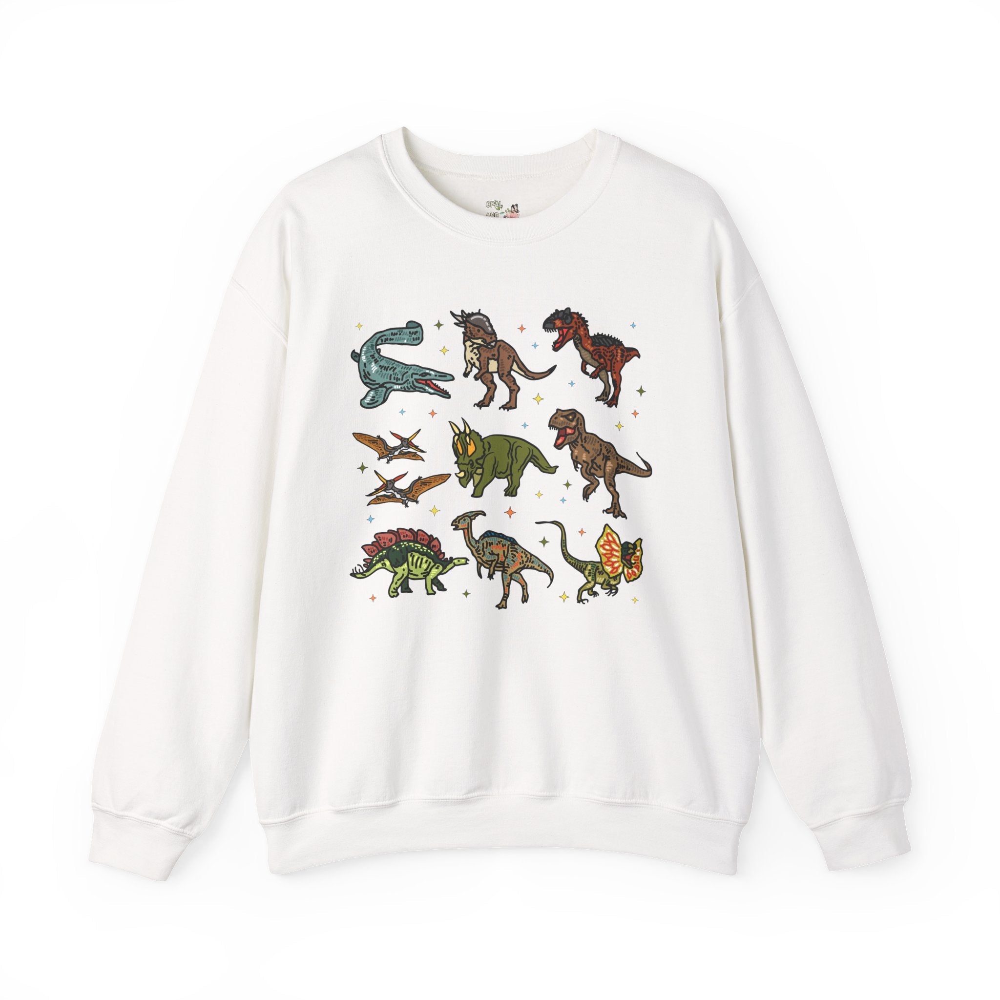 Doodle Dinosaur Sweatshirt with Stars | Shirt for Dinosaur Lovers of All Ages with Cute Retro Aesthetic Stars, 90s Vibe, Cute Birthday Gift - Opal and June