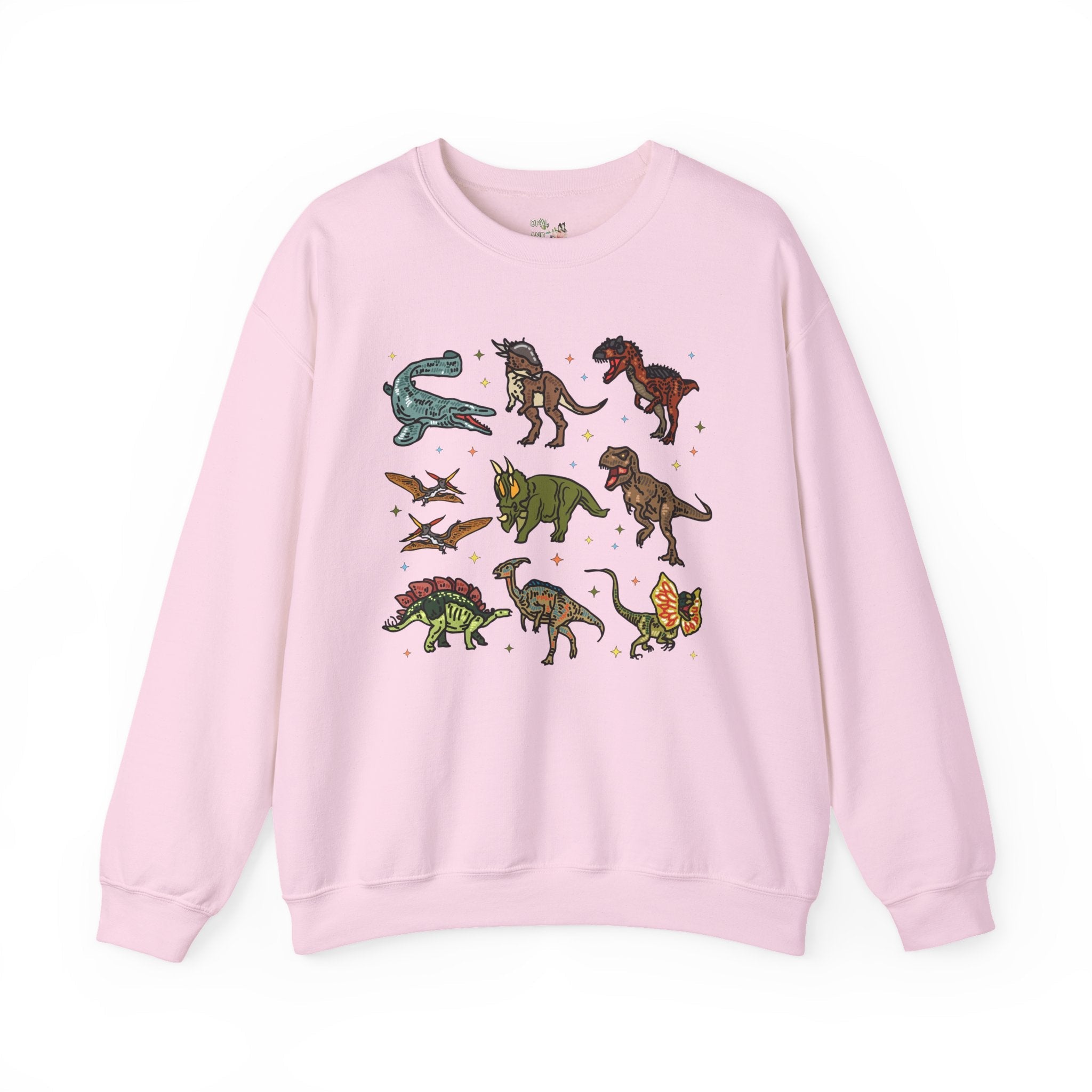 Doodle Dinosaur Sweatshirt with Stars | Shirt for Dinosaur Lovers of All Ages with Cute Retro Aesthetic Stars, 90s Vibe, Cute Birthday Gift - Opal and June