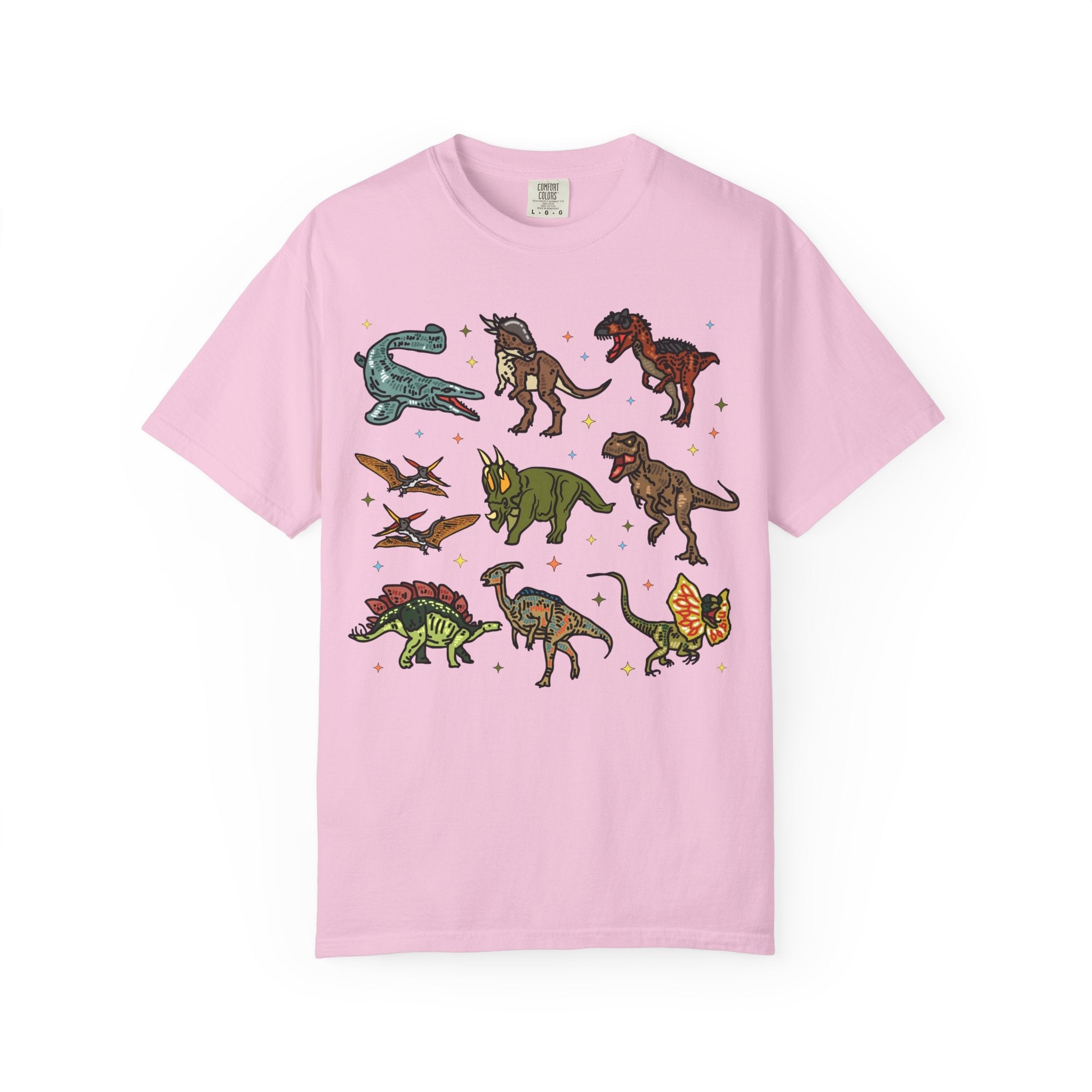 Doodle Dinosaur Tee Shirt with Stars in Comfort Colors | Shirt for Dinosaur Lovers of All Ages with Cute Retro Aesthetic Stars, 90s Vibe - Opal and June