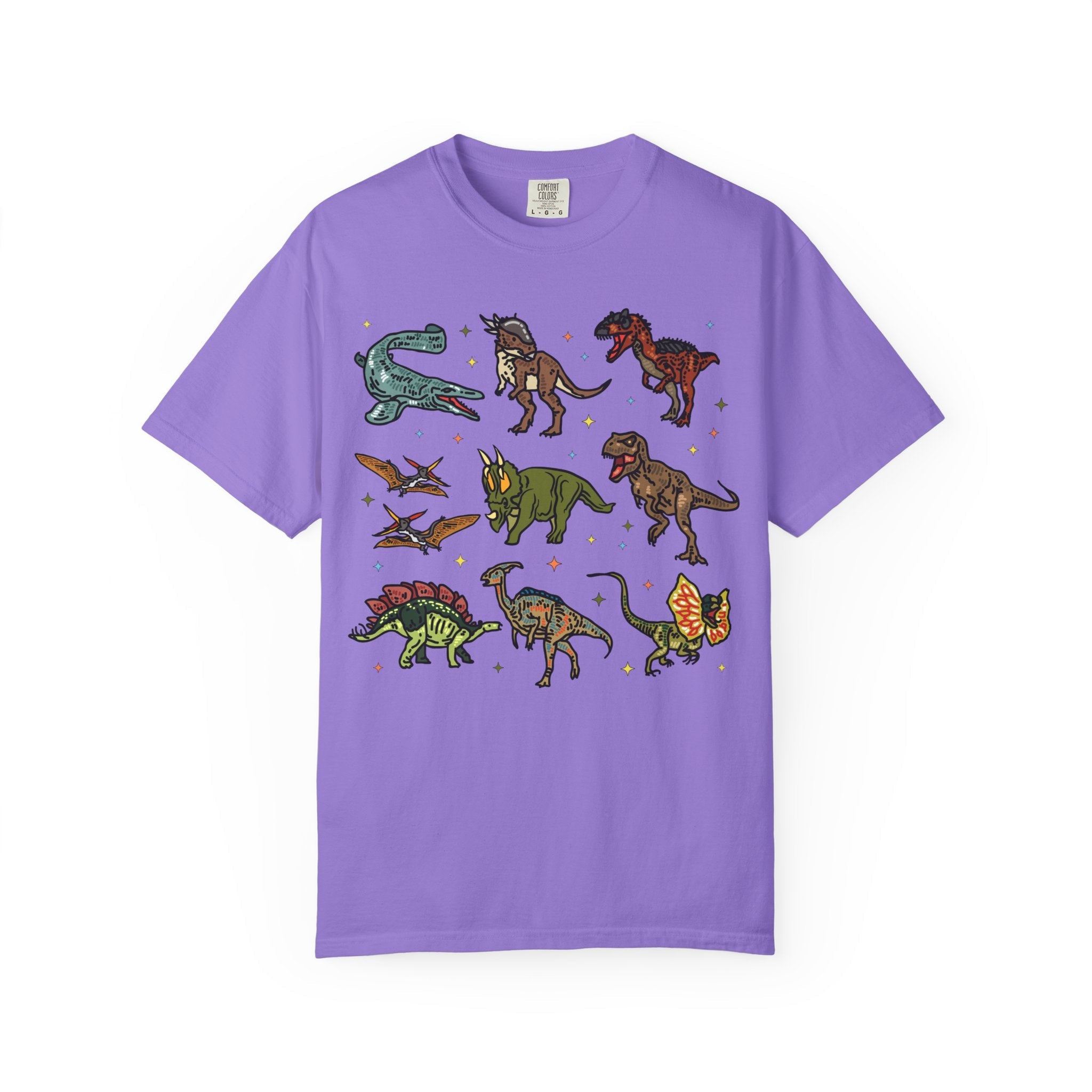 Doodle Dinosaur Tee Shirt with Stars in Comfort Colors | Shirt for Dinosaur Lovers of All Ages with Cute Retro Aesthetic Stars, 90s Vibe - Opal and June