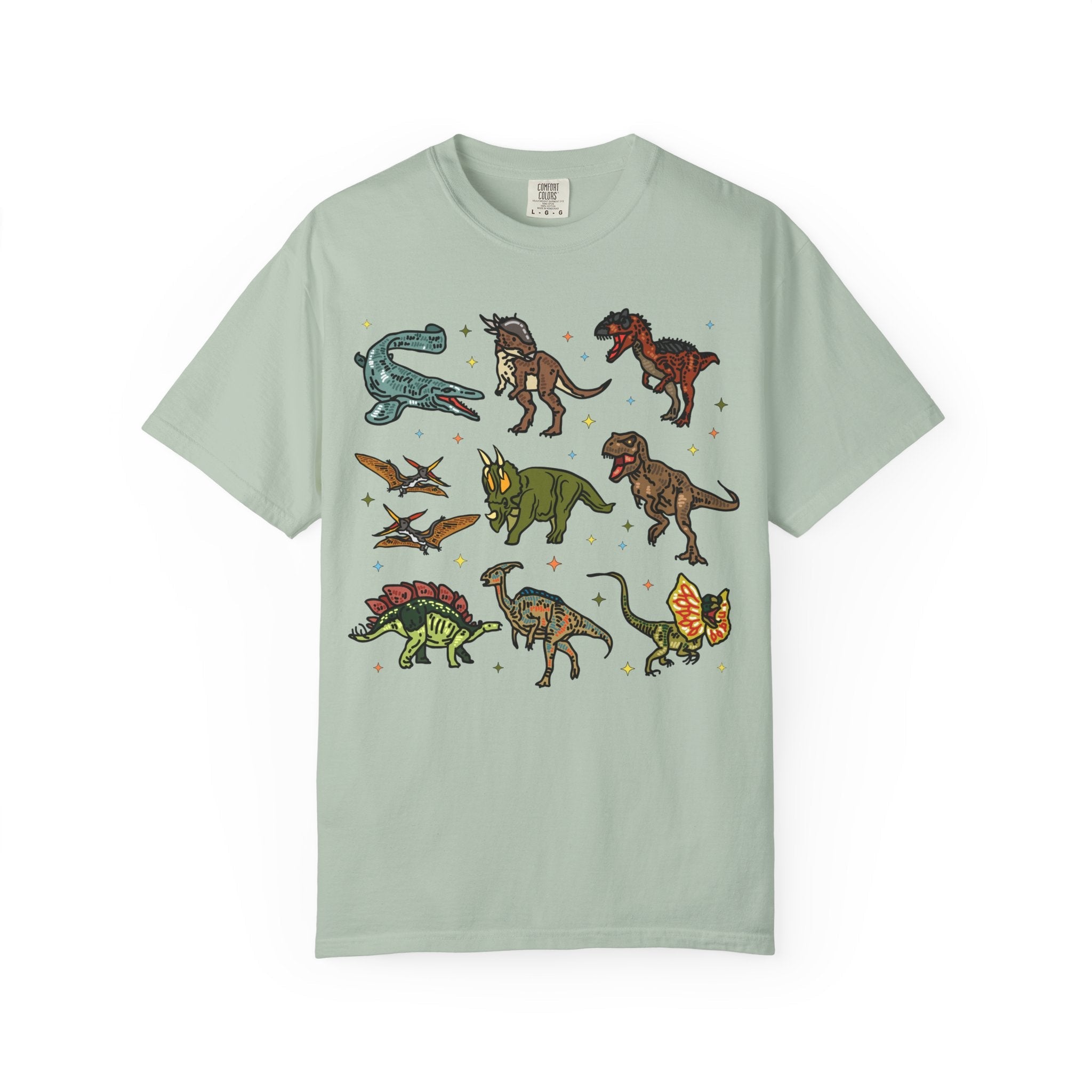 Doodle Dinosaur Tee Shirt with Stars in Comfort Colors | Shirt for Dinosaur Lovers of All Ages with Cute Retro Aesthetic Stars, 90s Vibe - Opal and June