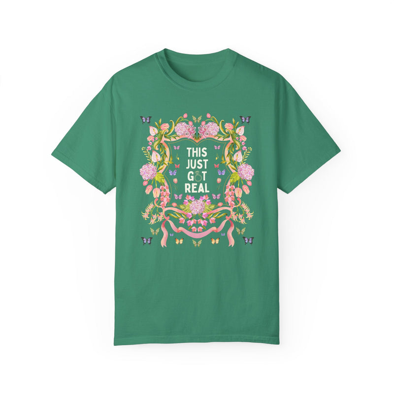 Eclectic Bachelorette Tee Shirt, Cozy Cottagecore Bachelorette Party or Trip for Bride Who Loves Flowers and Silly Jokes: This Just Got Real - Opal and June