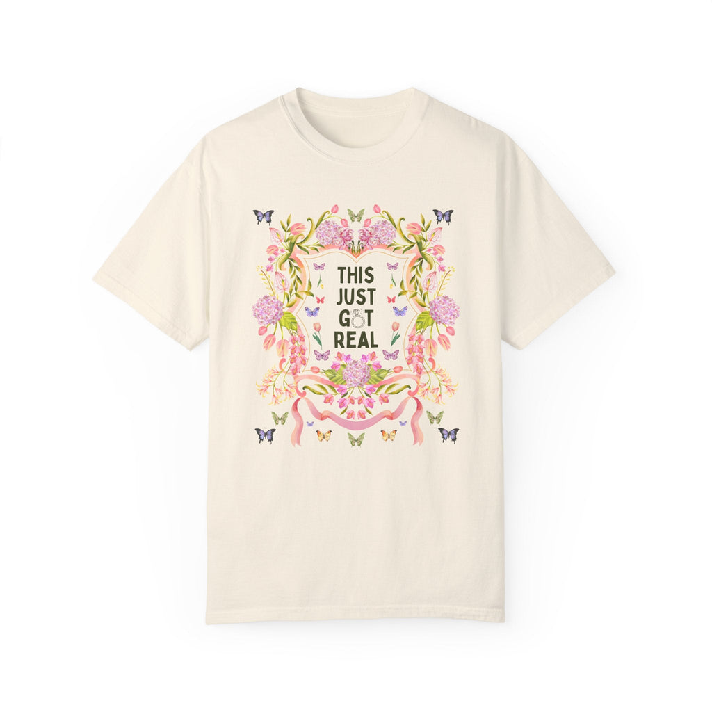 Eclectic Bachelorette Tee Shirt, Cozy Cottagecore Bachelorette Party or Trip for Bride Who Loves Flowers and Silly Jokes: This Just Got Real - Opal and June