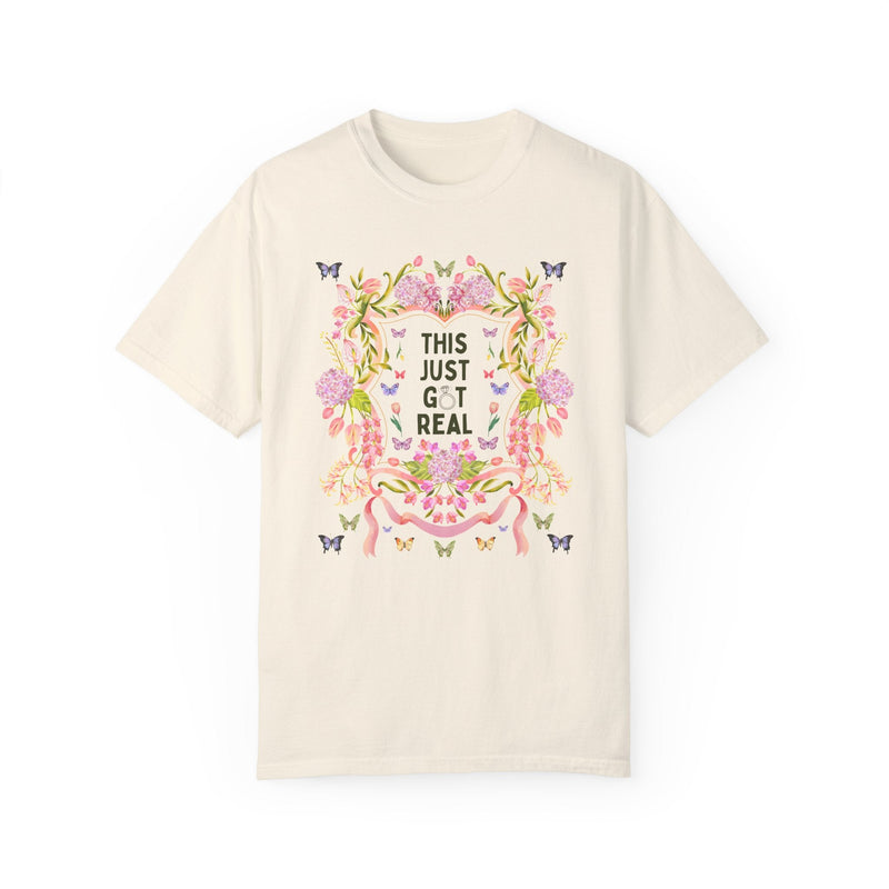 Eclectic Bachelorette Tee Shirt, Cozy Cottagecore Bachelorette Party or Trip for Bride Who Loves Flowers and Silly Jokes: This Just Got Real - Opal and June