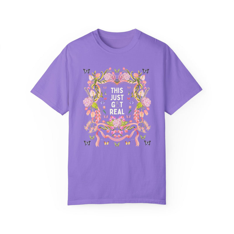 Eclectic Bachelorette Tee Shirt, Cozy Cottagecore Bachelorette Party or Trip for Bride Who Loves Flowers and Silly Jokes: This Just Got Real - Opal and June